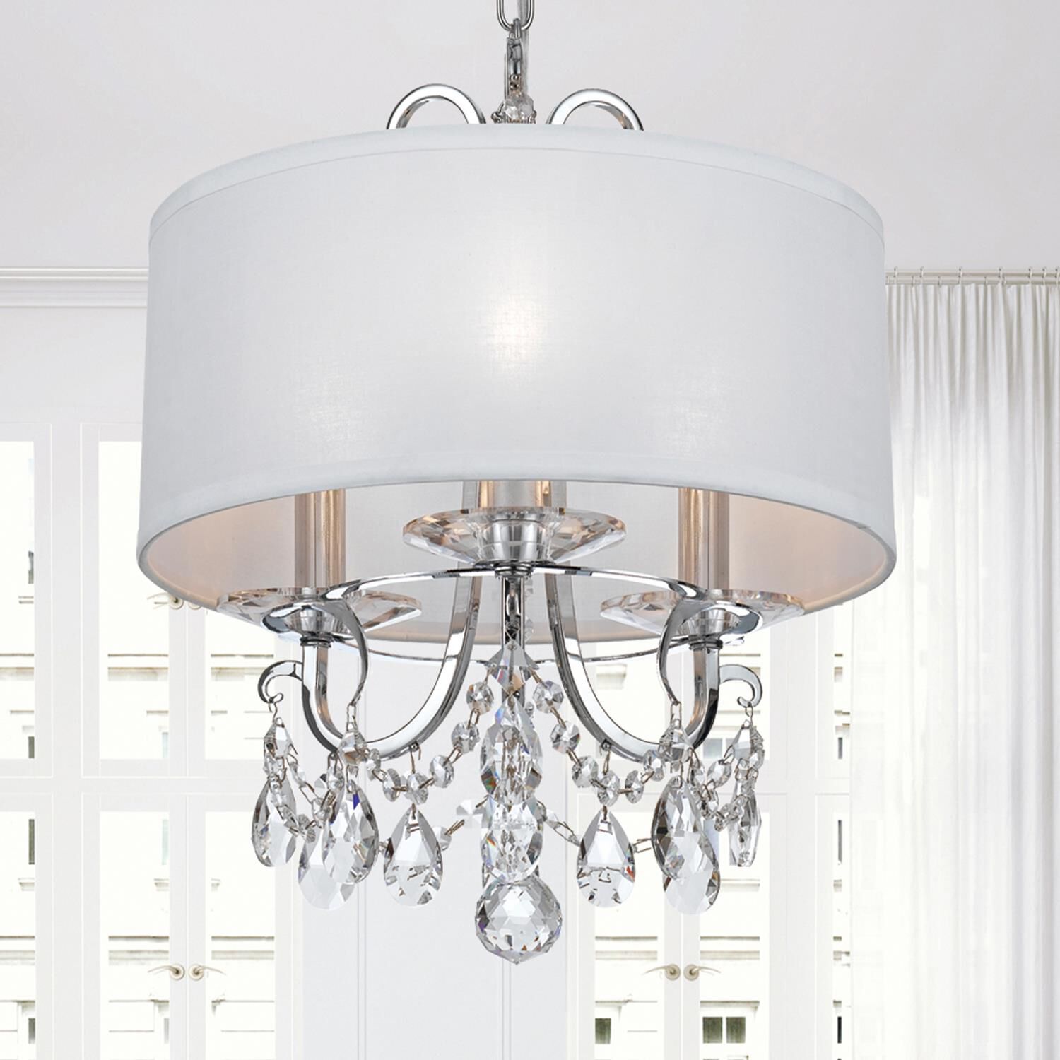 Shown in Polished Chrome finish and Clear Swarovski Strass crystal and White Silk glass and Silk shade