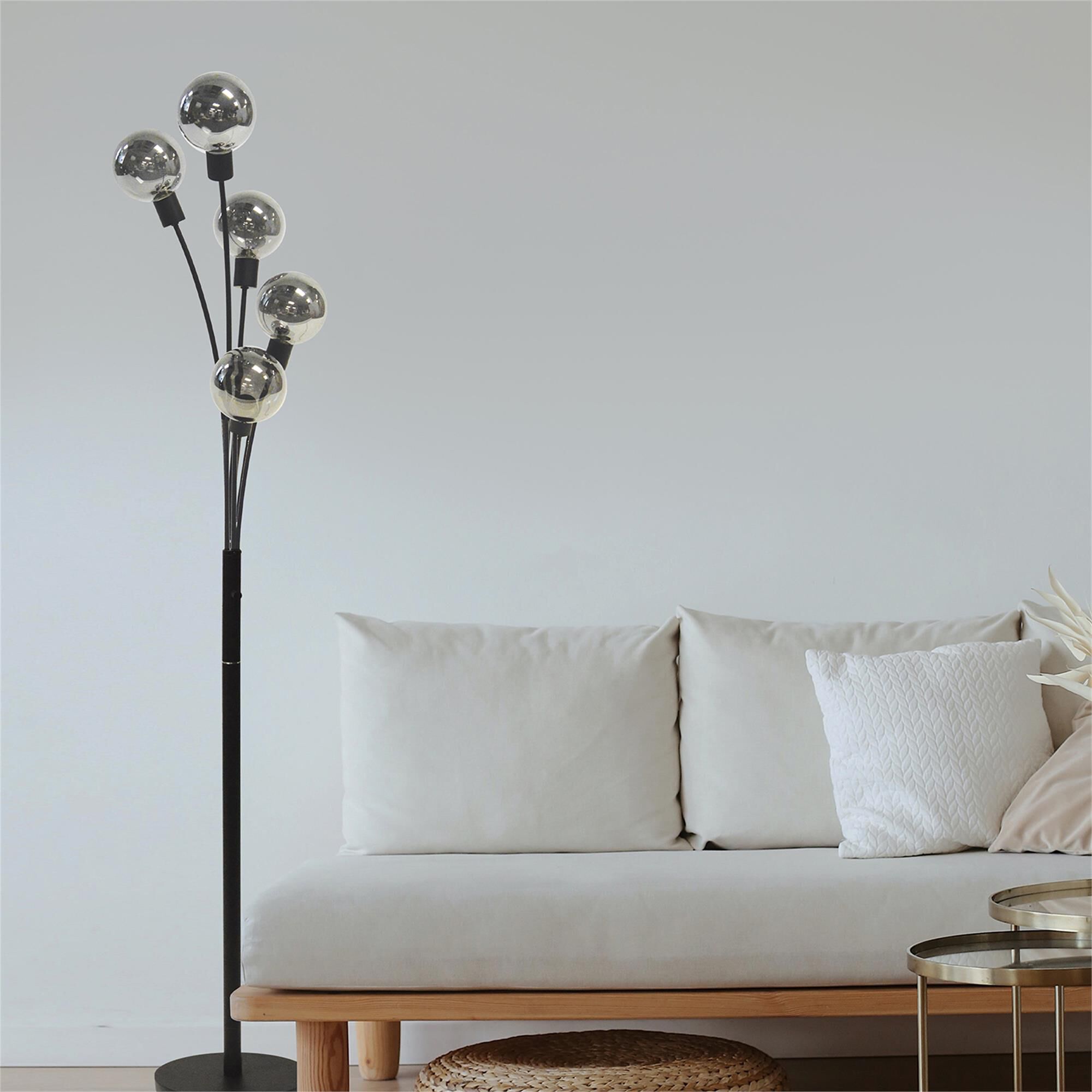 Shown in Black and White finish and Smoked Globe glass and Smoked accent