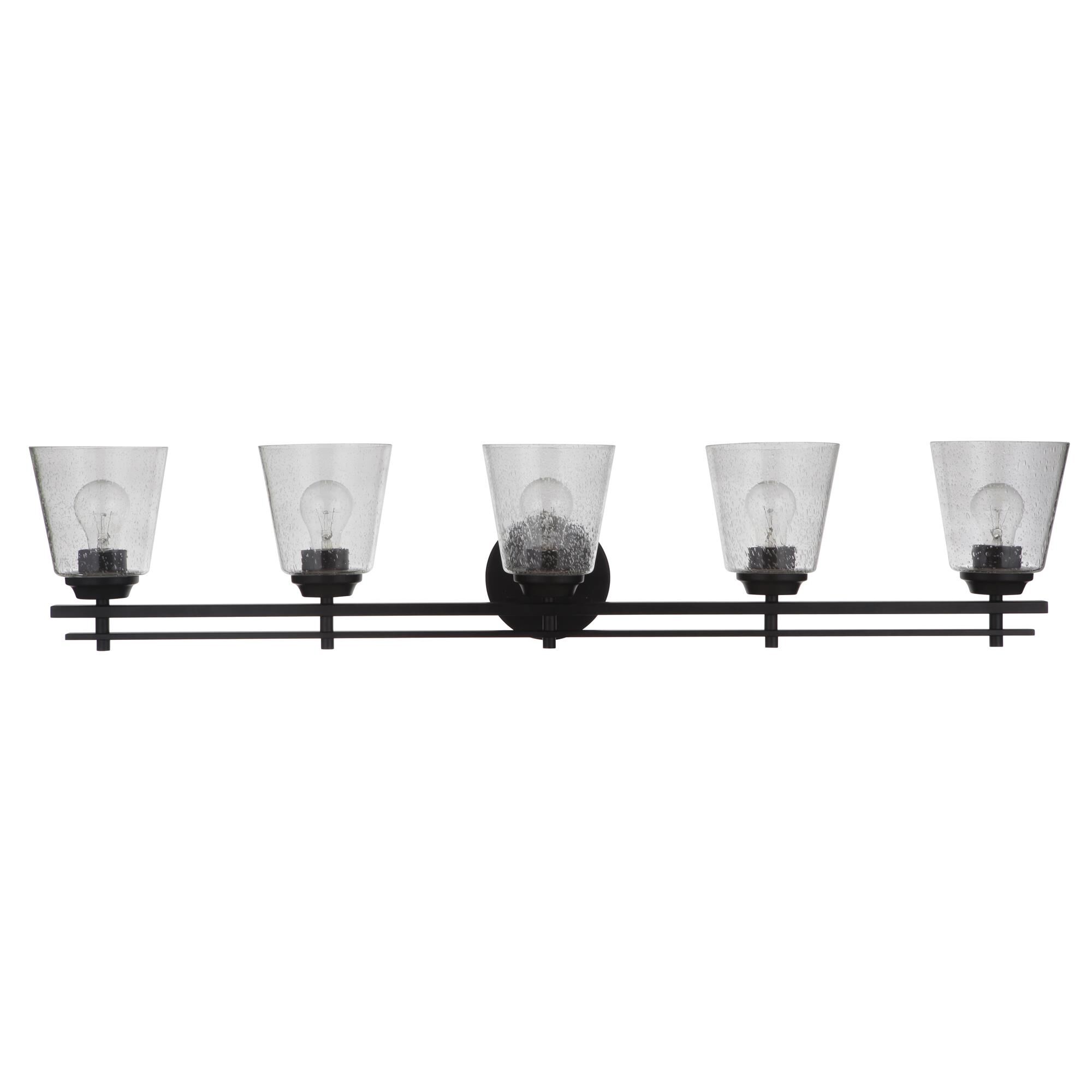 Shown in Flat Black finish and Clear Seeded glass and Glass shade