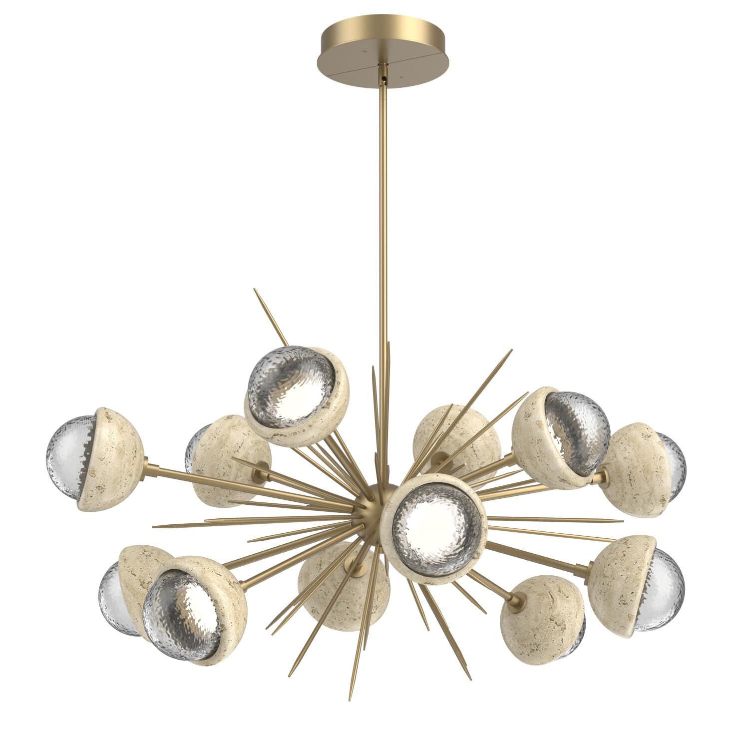 Shown in Gilded Brass finish and Clear glass and Travertine Stone accent