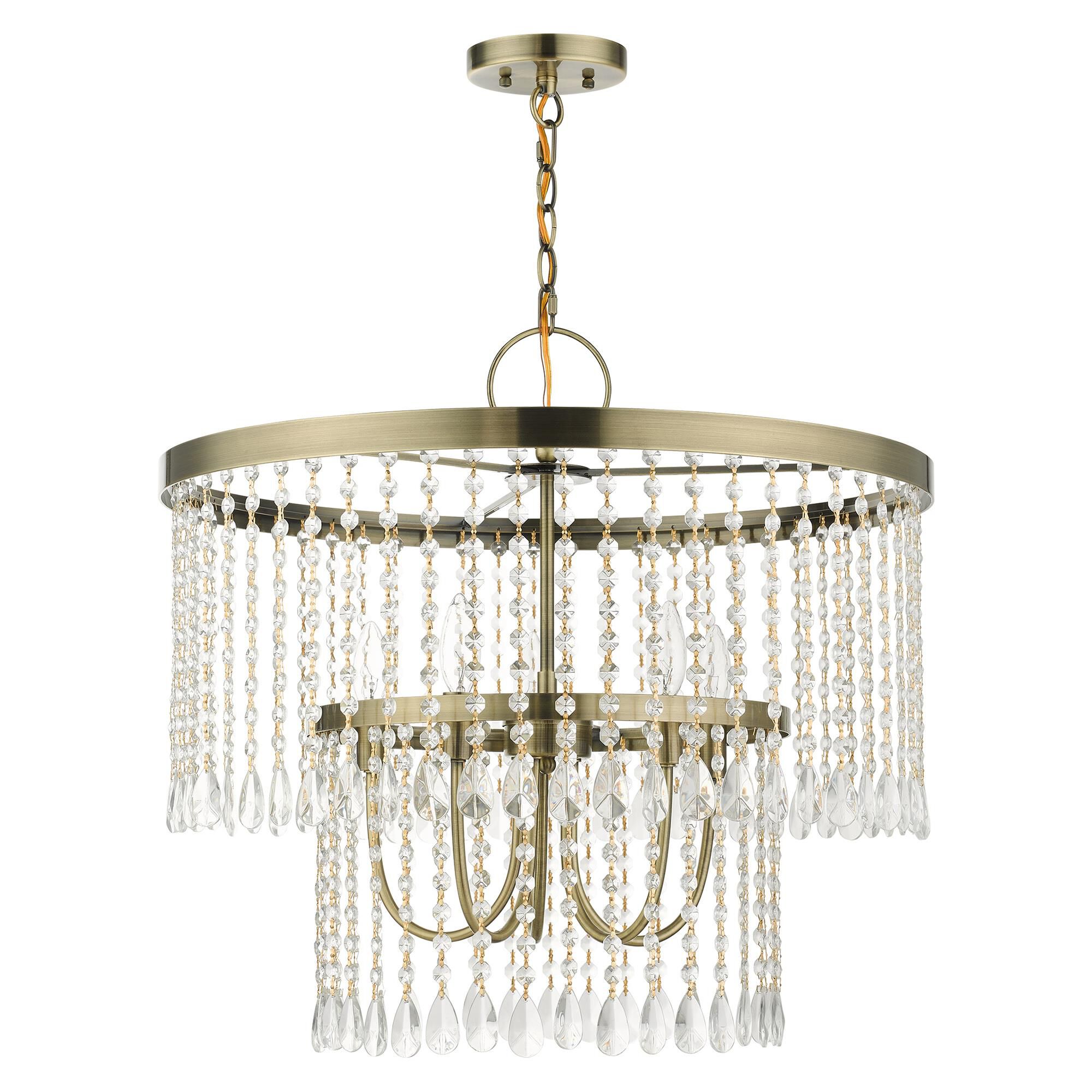 Shown in Antique Brass finish and Hand Assembled Crystal Shade glass