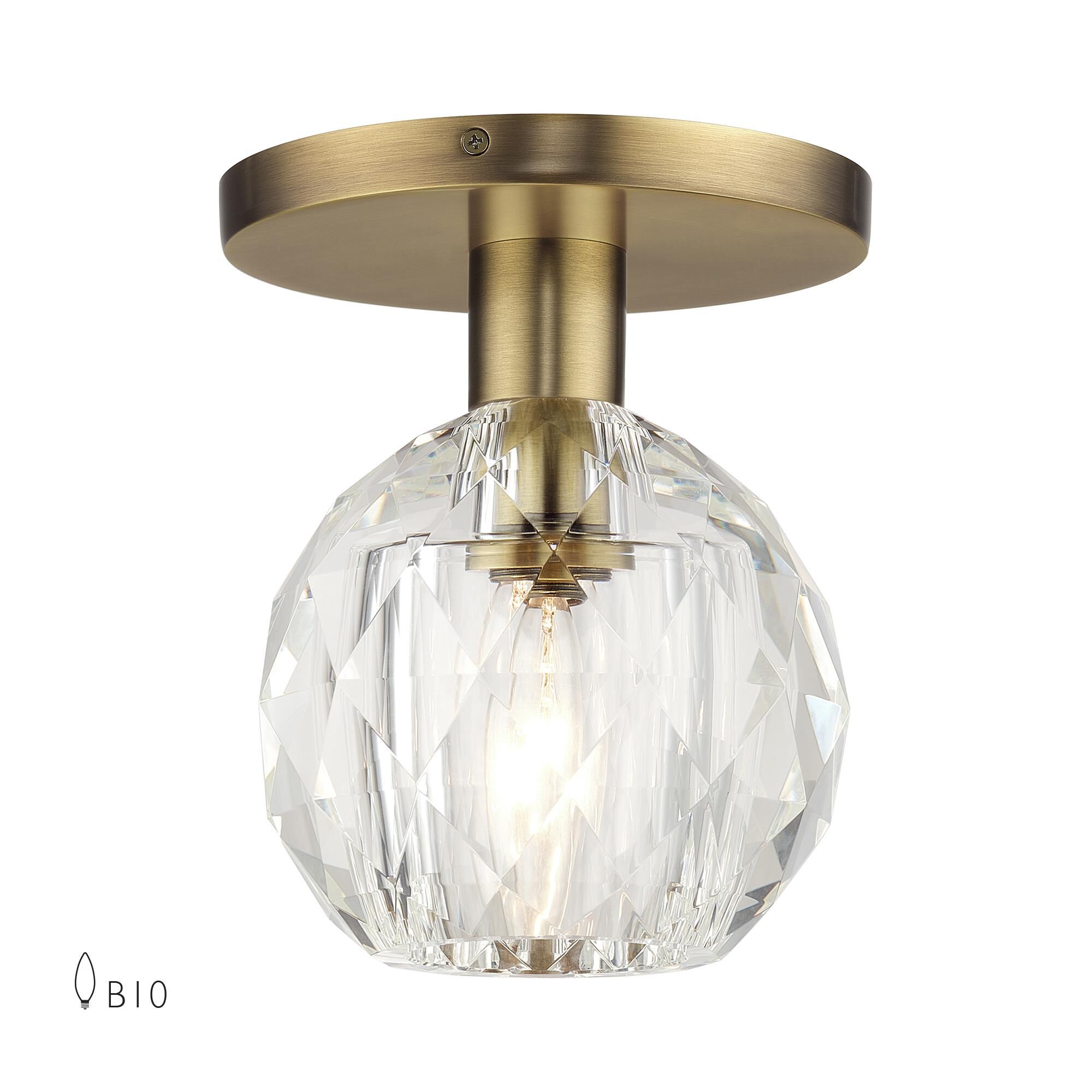 Shown in Natural Brass finish and Crystal glass
