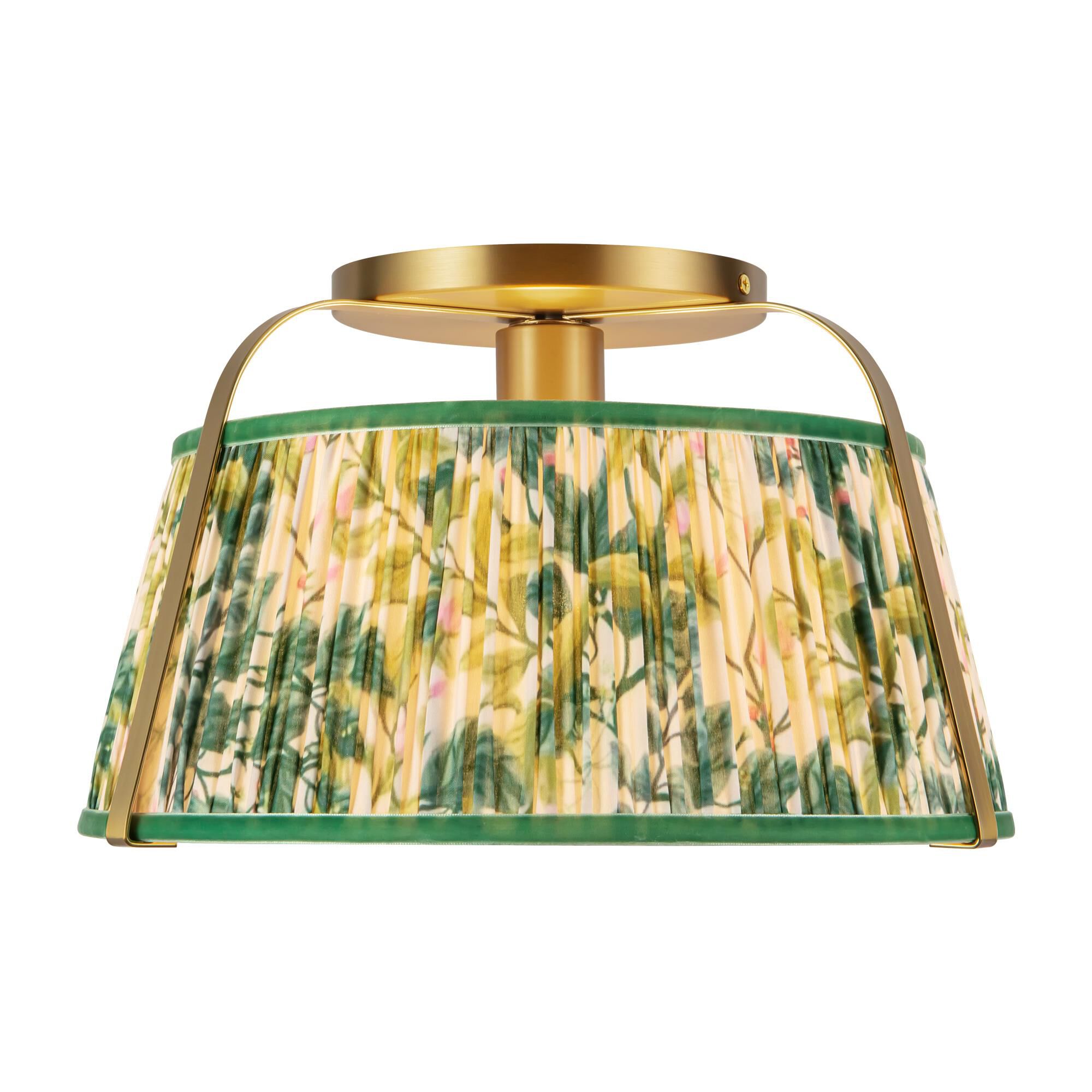 Shown in Brushed Gold finish and Frosted Polycarbonate Diffuser glass and Green Linen shade