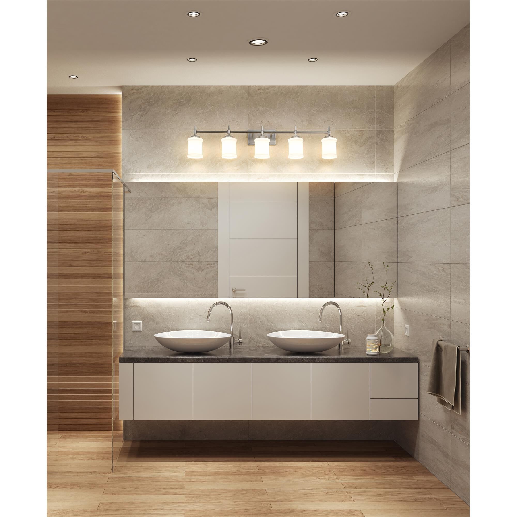Shown in Brushed Nickel finish and Gloss Opal glass and Gloss Opal shade
