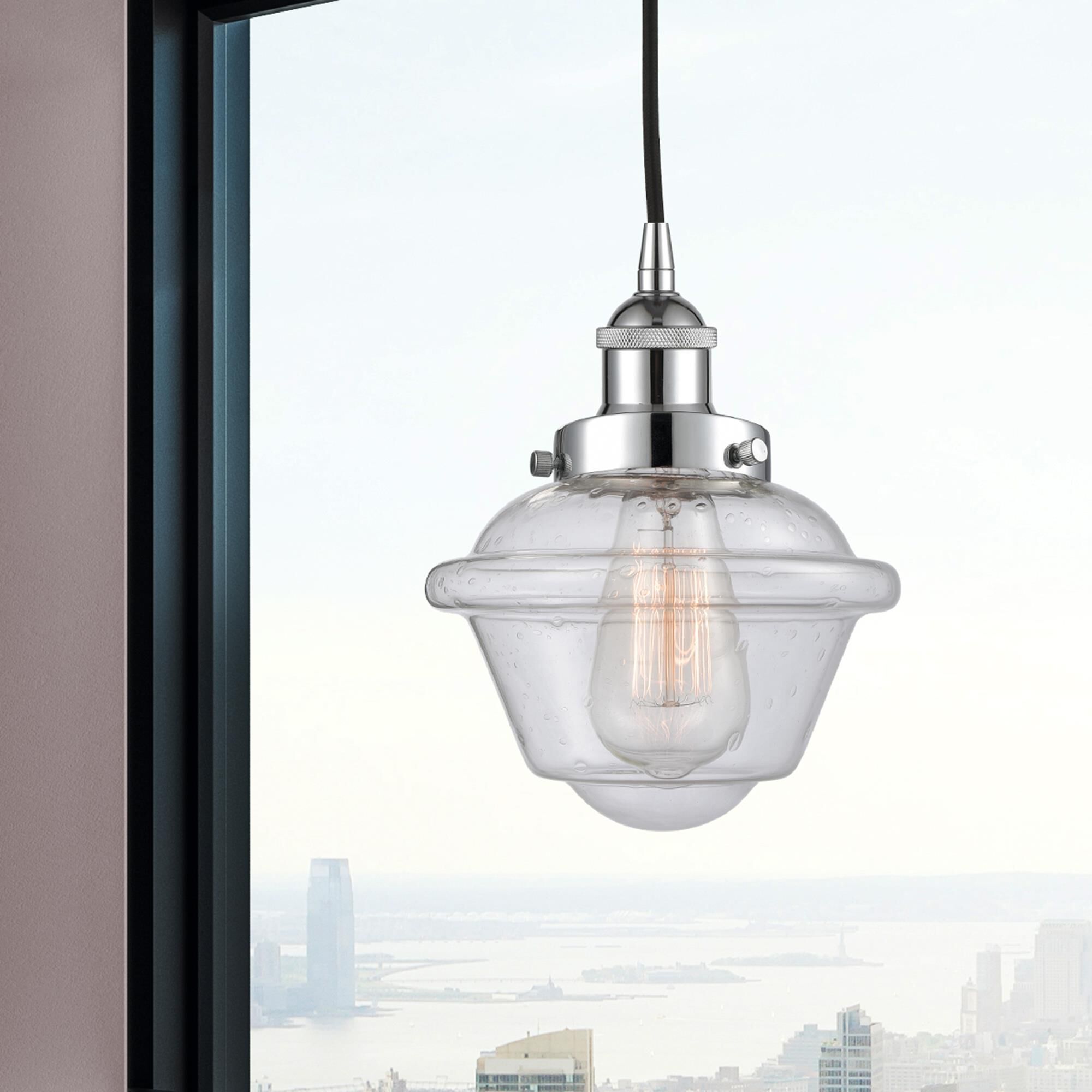 Shown in Polished Chrome finish and Seedy Small Oxford glass