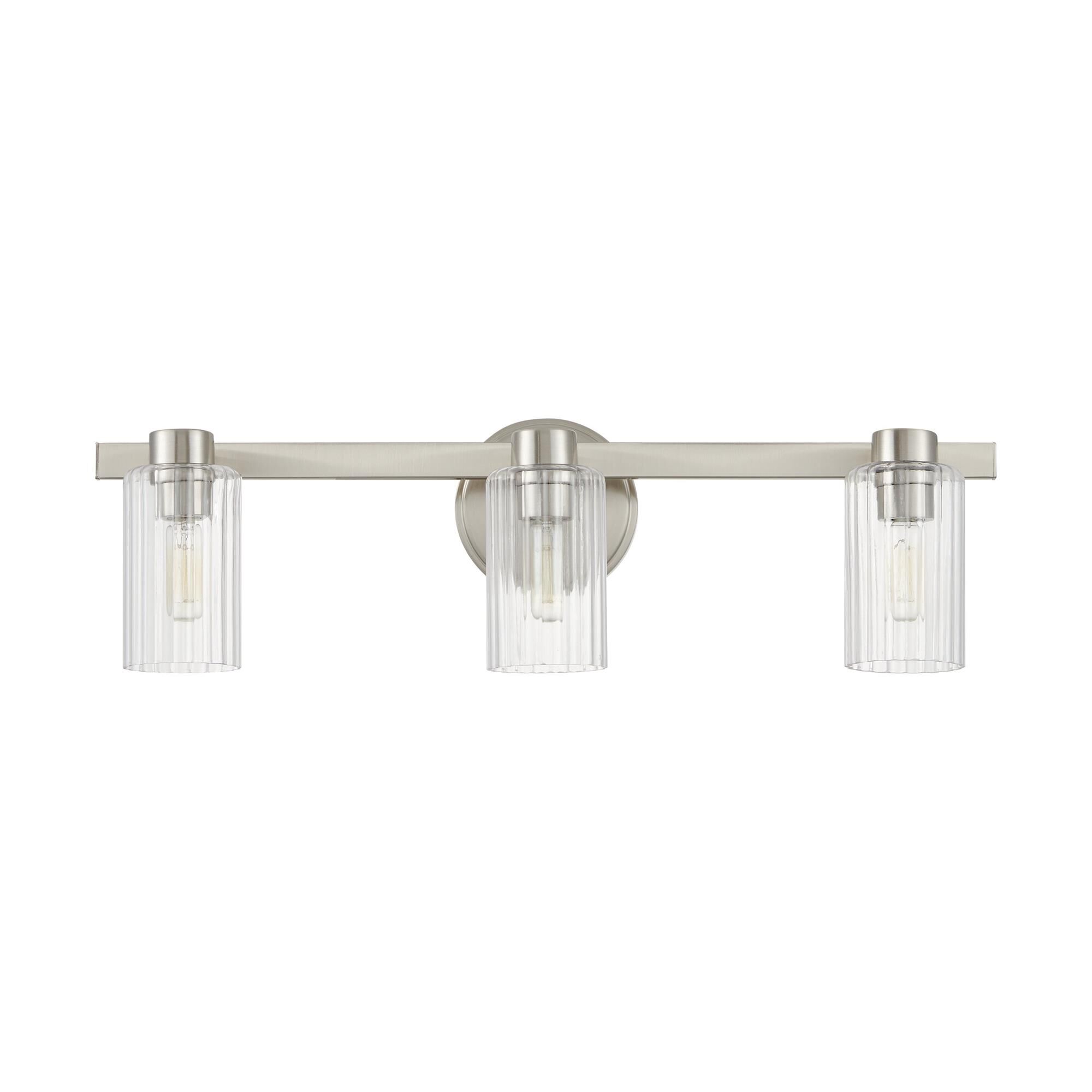 Shown in Brushed Nickel finish and Clear Ribbed glass