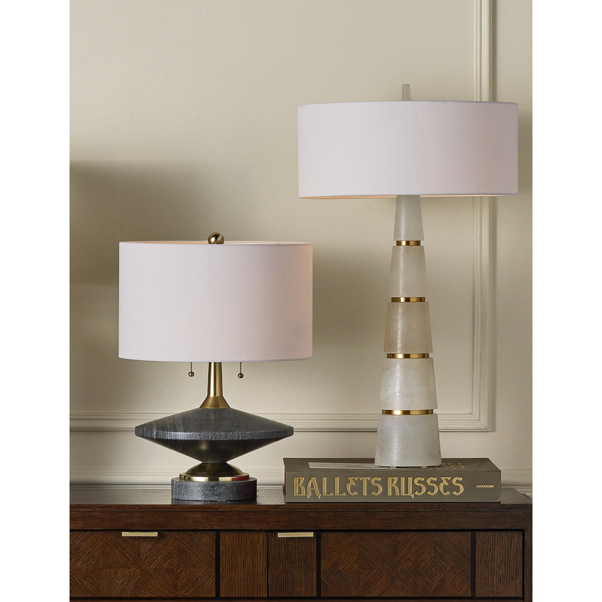 Shown in Natural and Natural Brass finish and Off White Linen shade