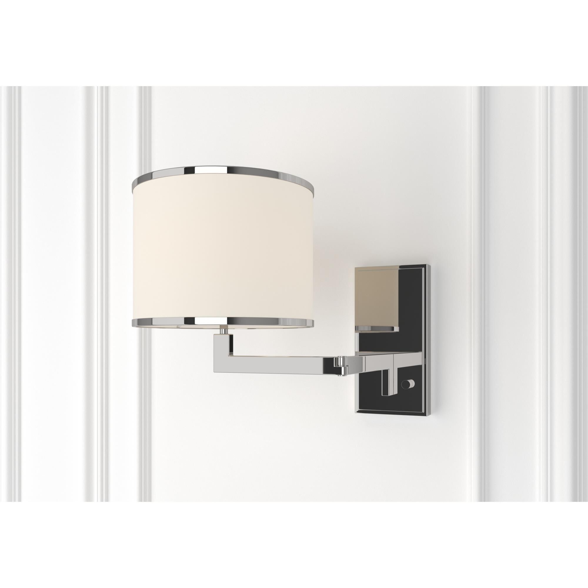 Shown in Polished Nickel finish and Fabric glass and White shade