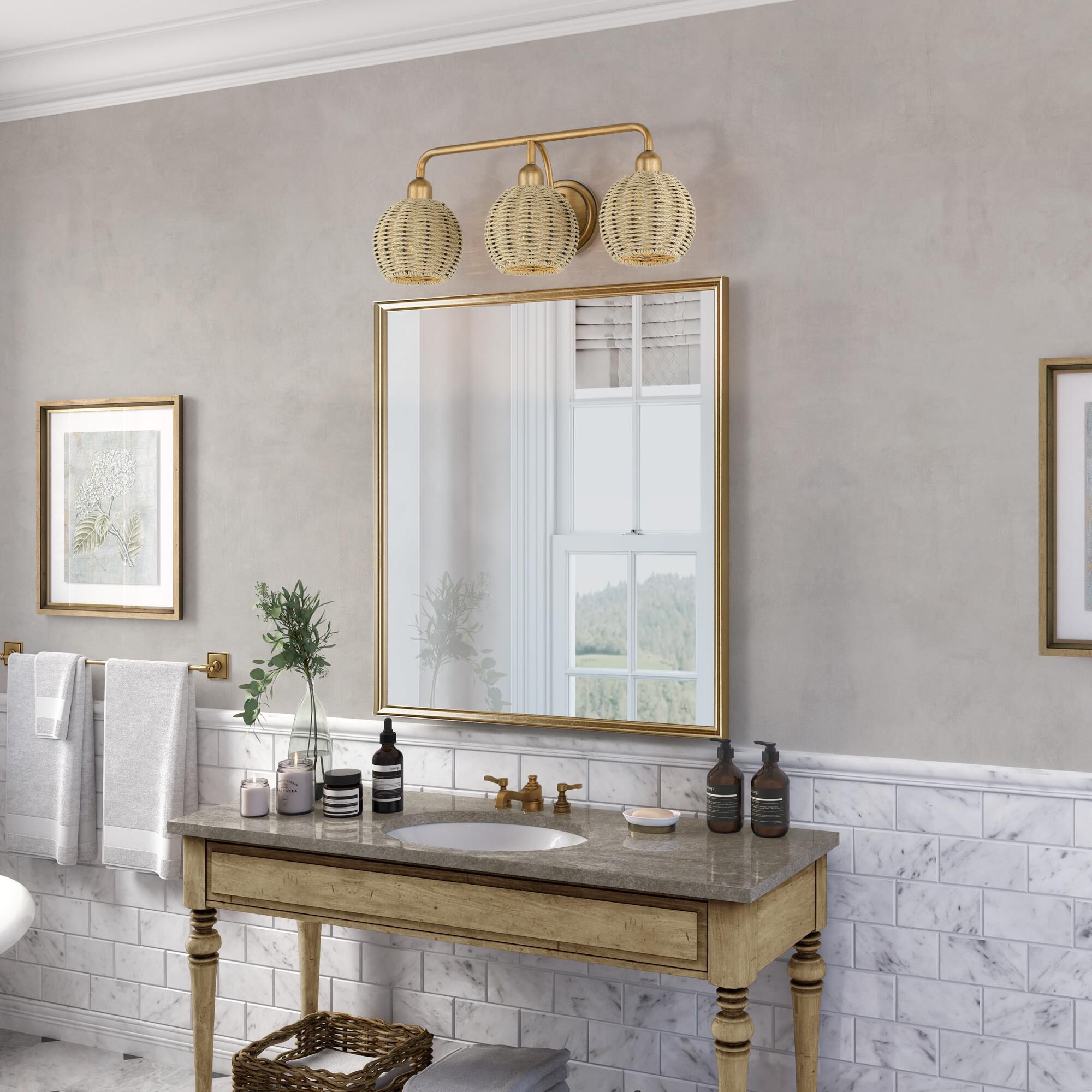 Shown in Antique Gold Leaf finish and Hand-Woven French Beige Paper Rope shade