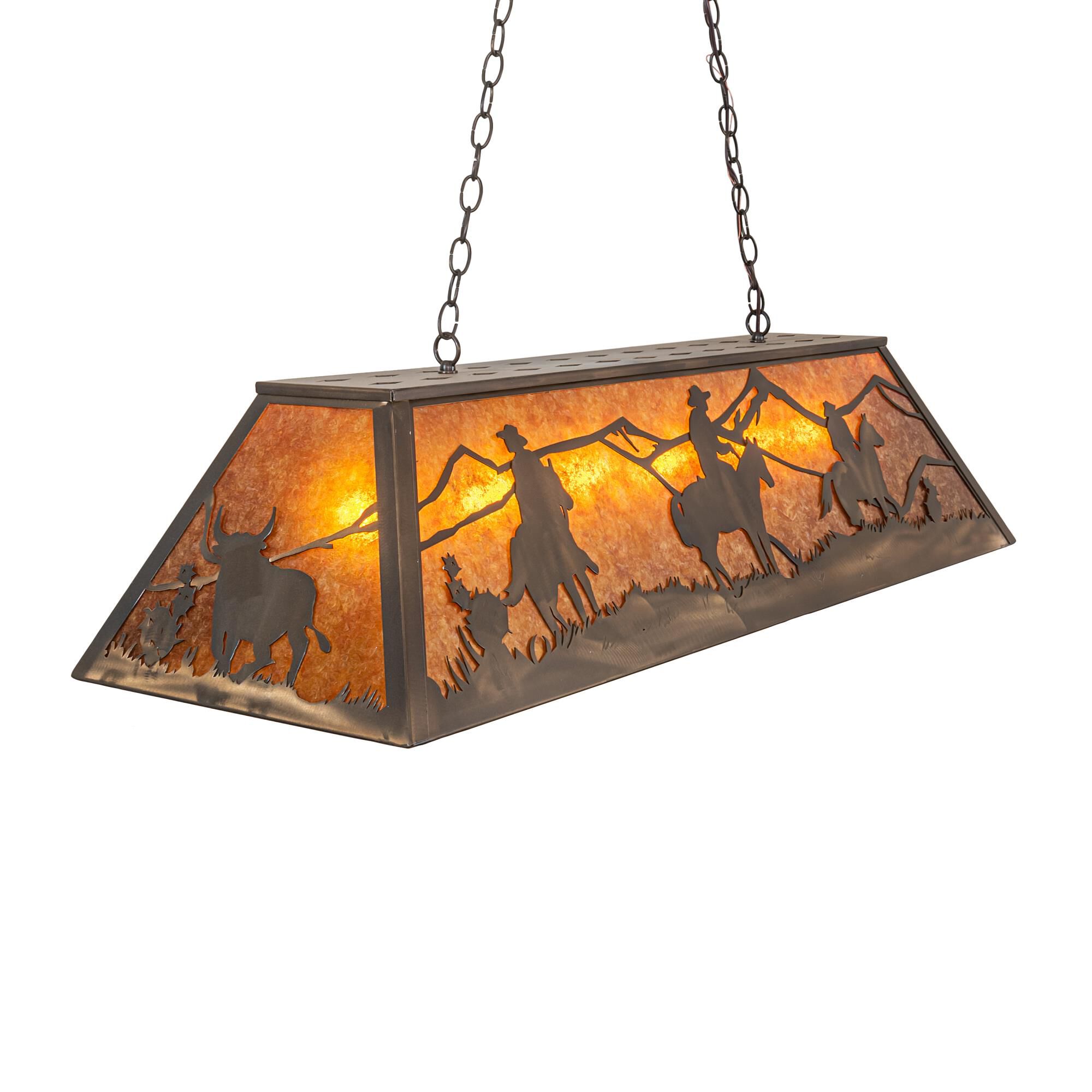 Shown in Antique Copper finish and Amber Mica glass