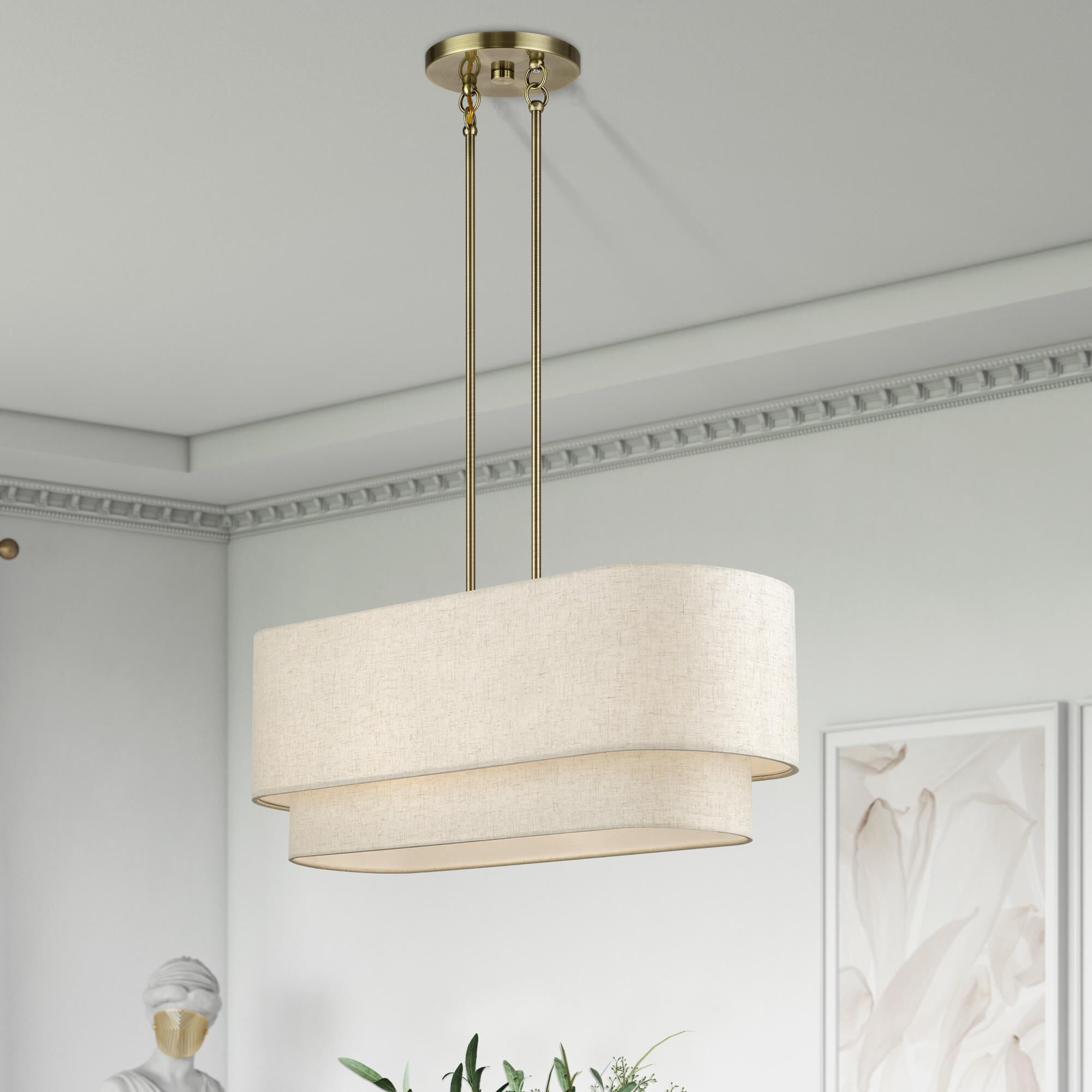 Shown in Antique Brass finish and Hand Crafted Oatmeal Color Fabric with White Color Inside shade