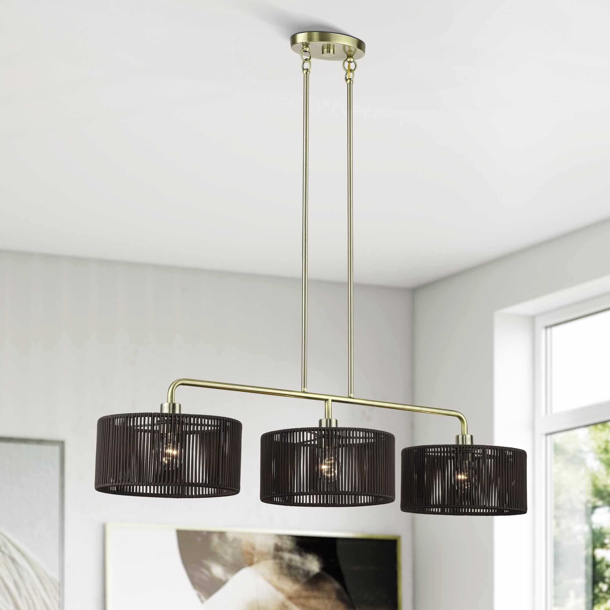 Shown in Antique Brass finish and Hand-Woven Dark Chocolate Color Polyester Rope shade