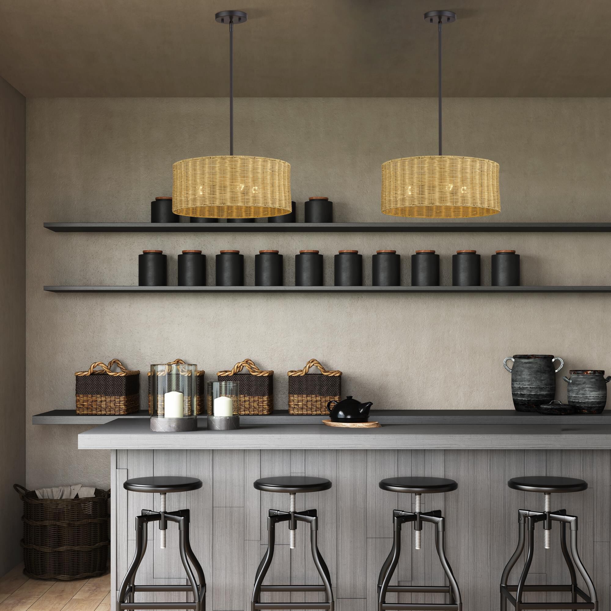 Shown in Bronze finish and Hand-Woven Rustic Walnut Color Rattan shade