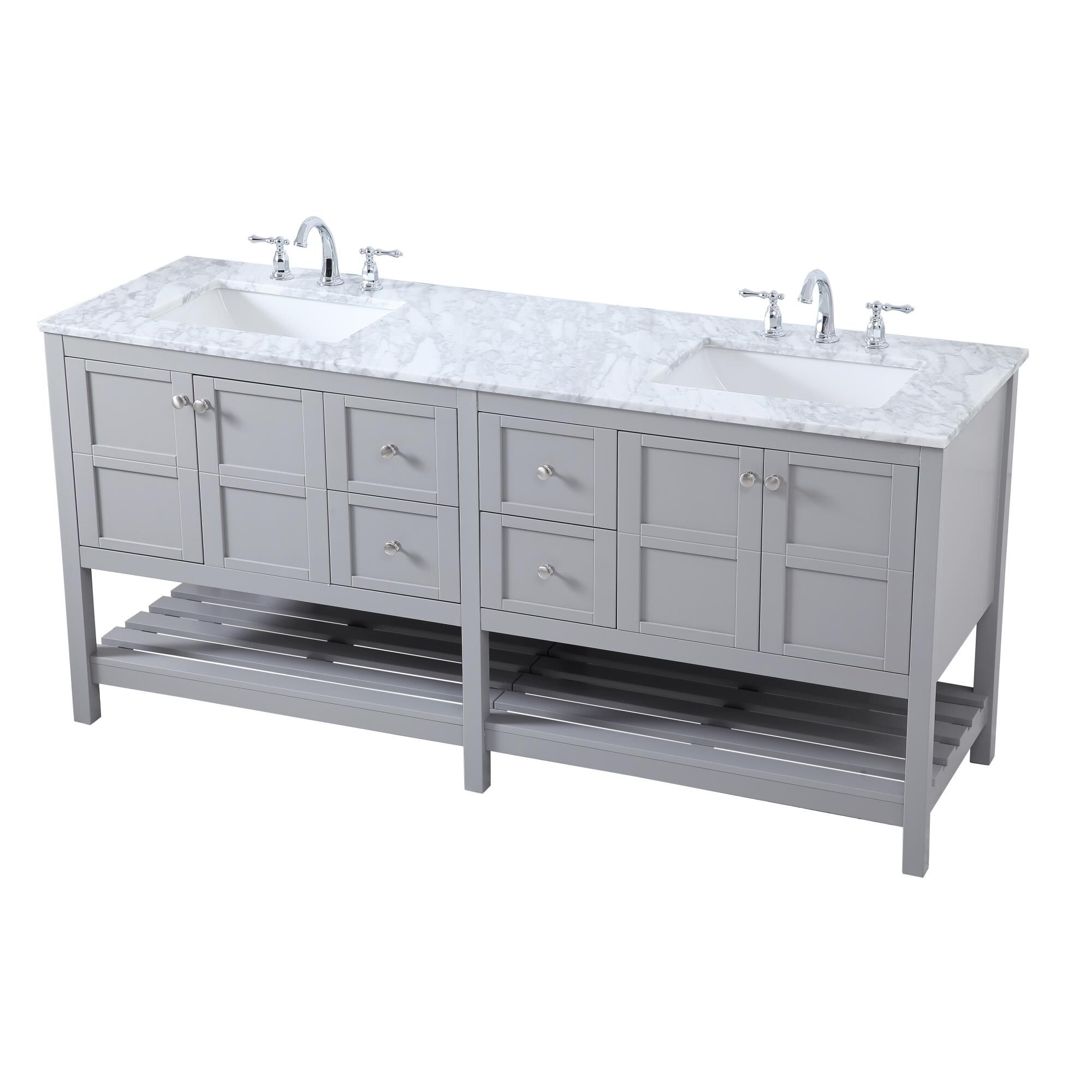 Shown in Gray And Brushed Nickel With Carrara White Marble finish