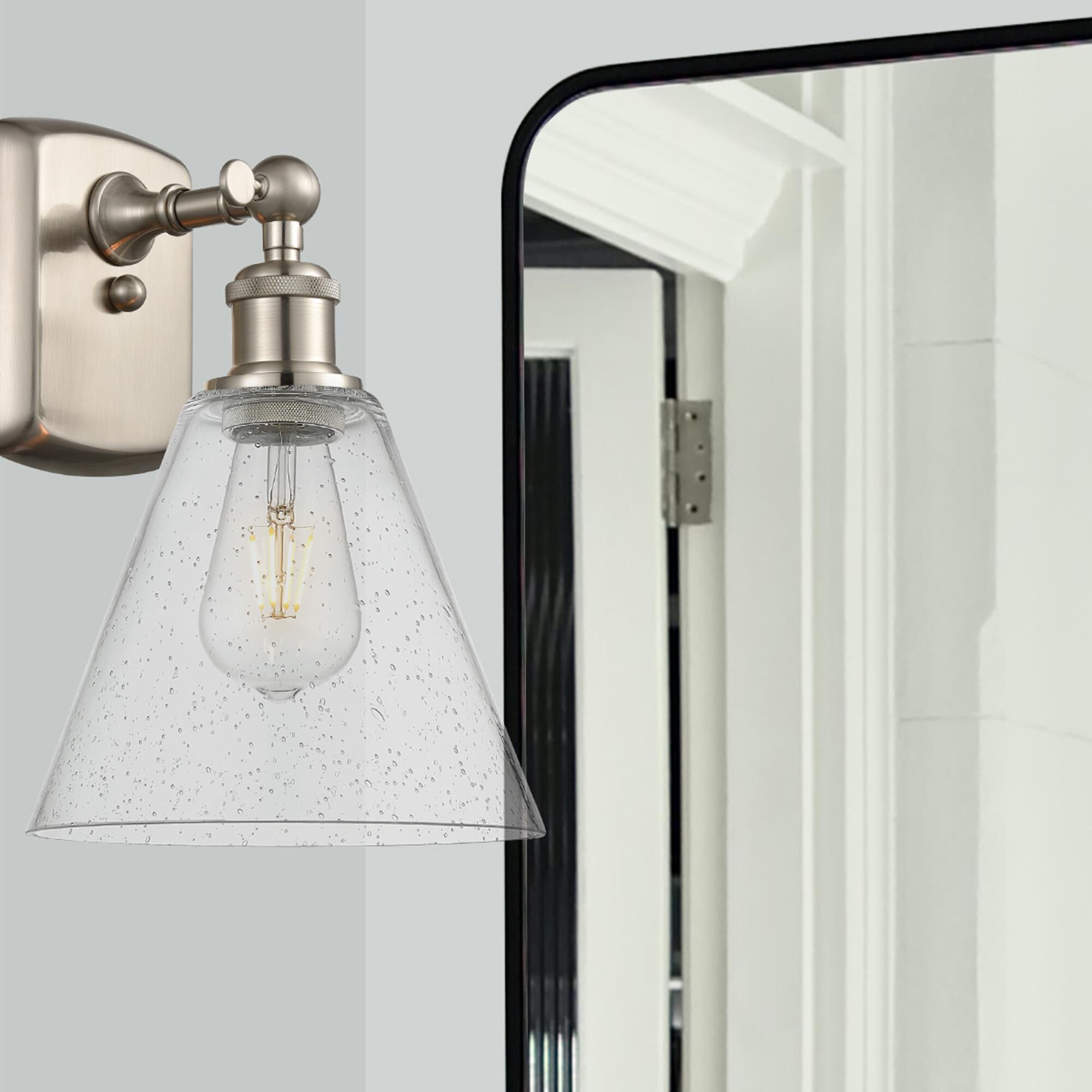 Shown in Brushed Satin Nickel finish and Seedy Ballston Cone glass and No Shade shade