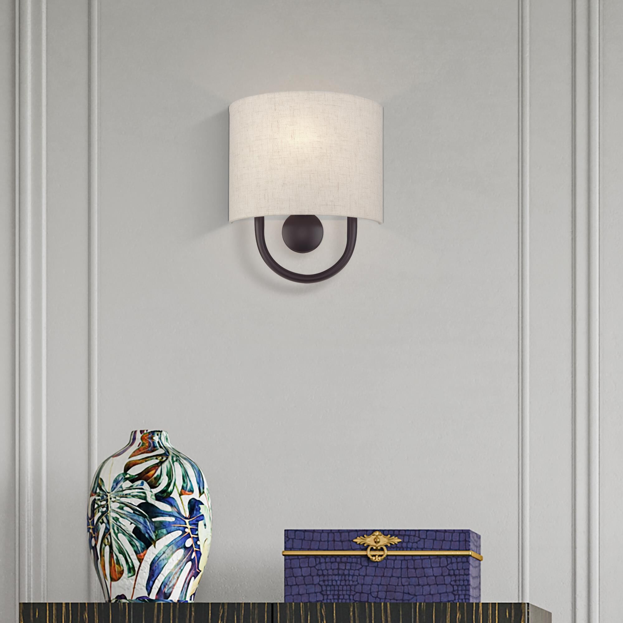 Shown in English Bronze finish and Hand Crafted Oatmeal Color Fabric Hardback with White Fabric Inside shade