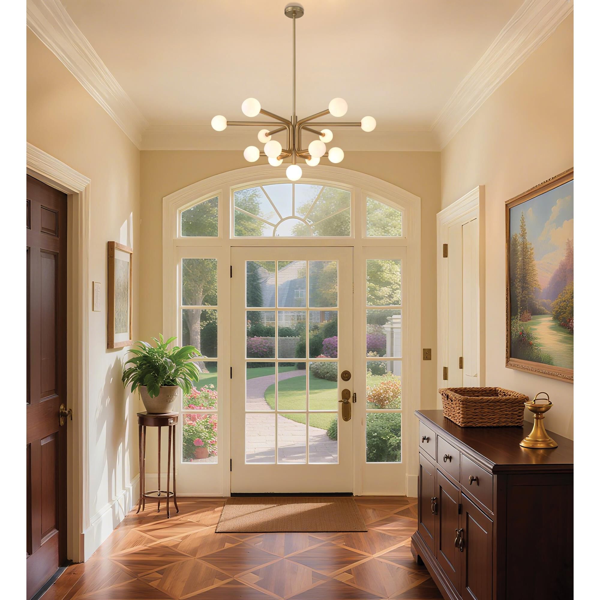 Shown in Champagne Gold finish and Opal glass