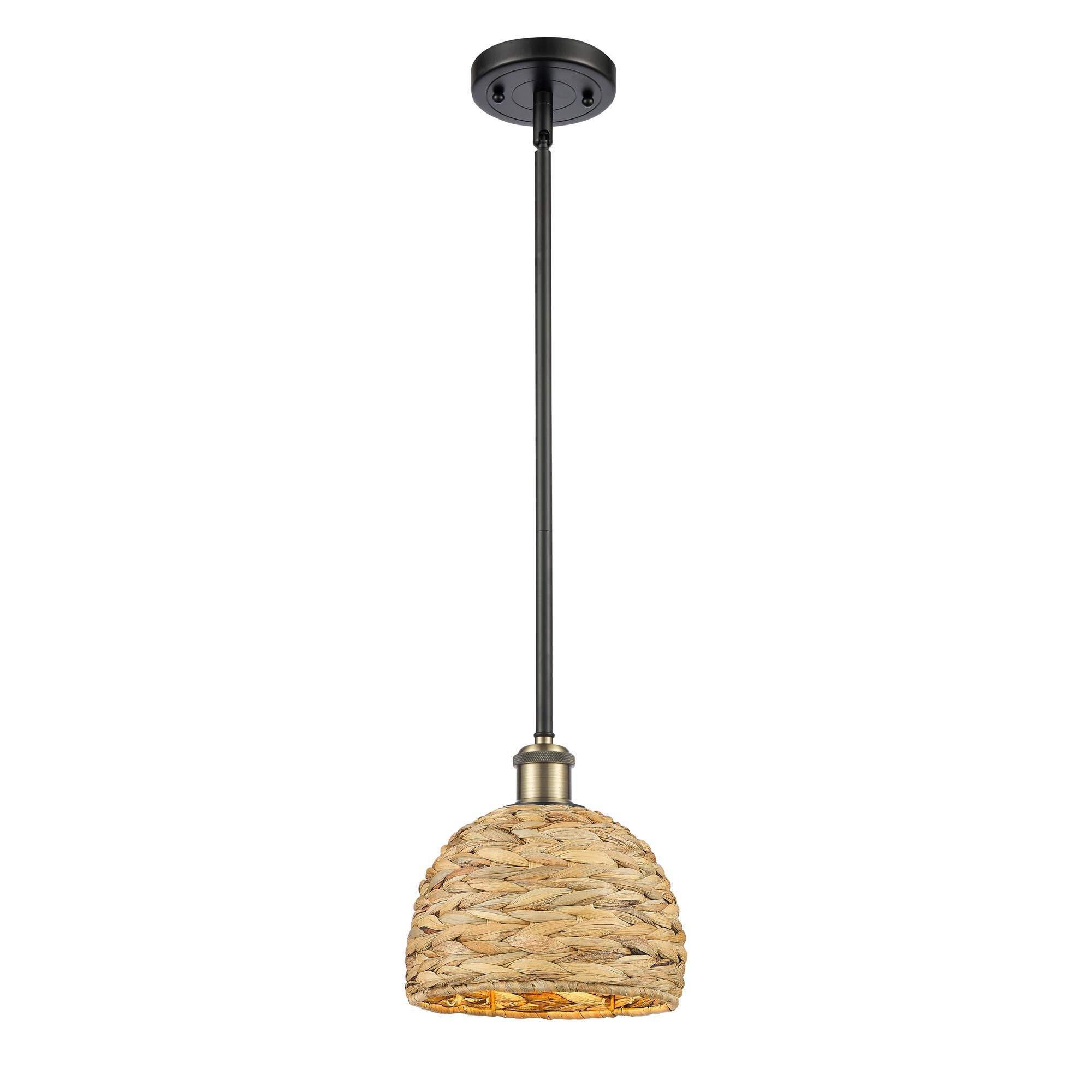 Shown in Black Antique Brass finish and Natural shade