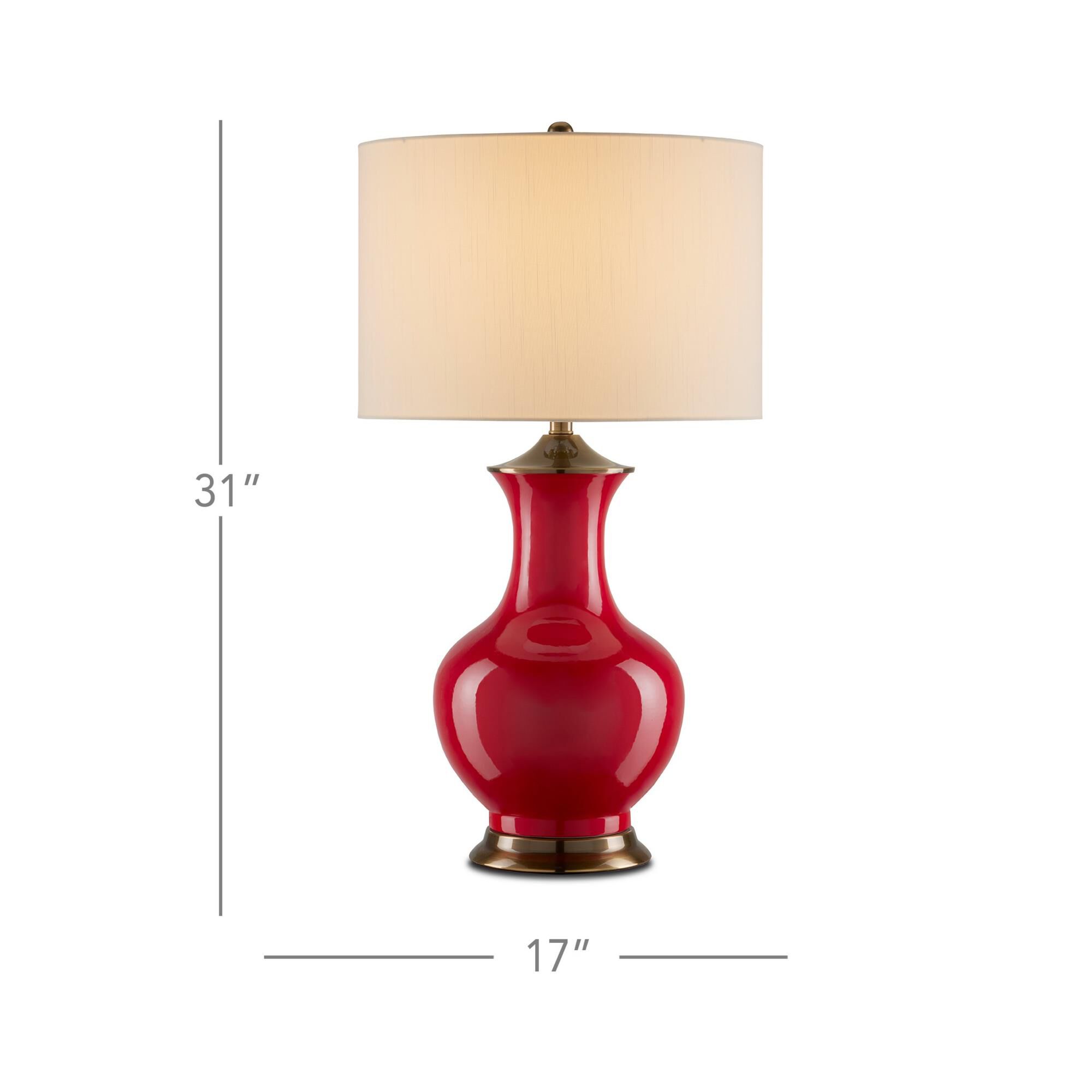 Shown in Red, Antique Brass finish and Eggshell Polyester shade