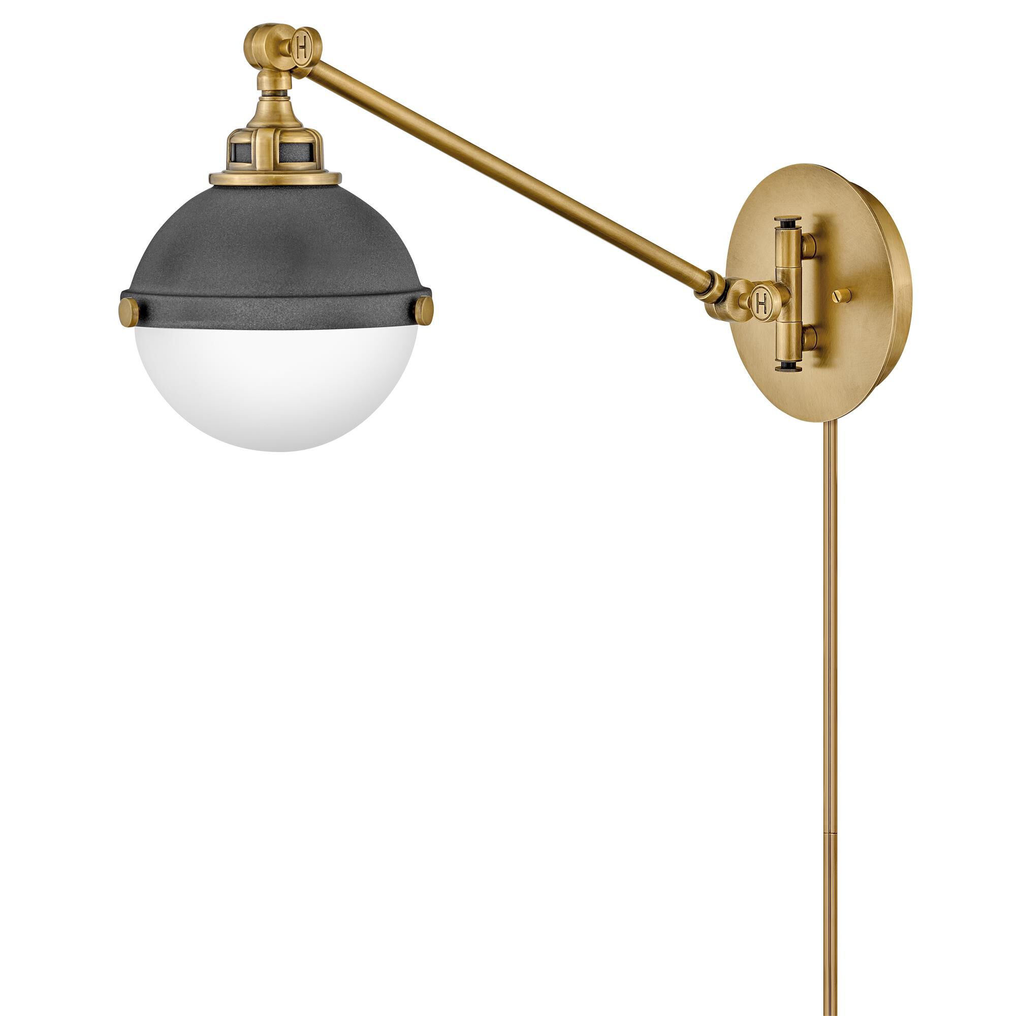 Shown in Aged Zinc finish and Etched Opal glass and Heritage Brass accent