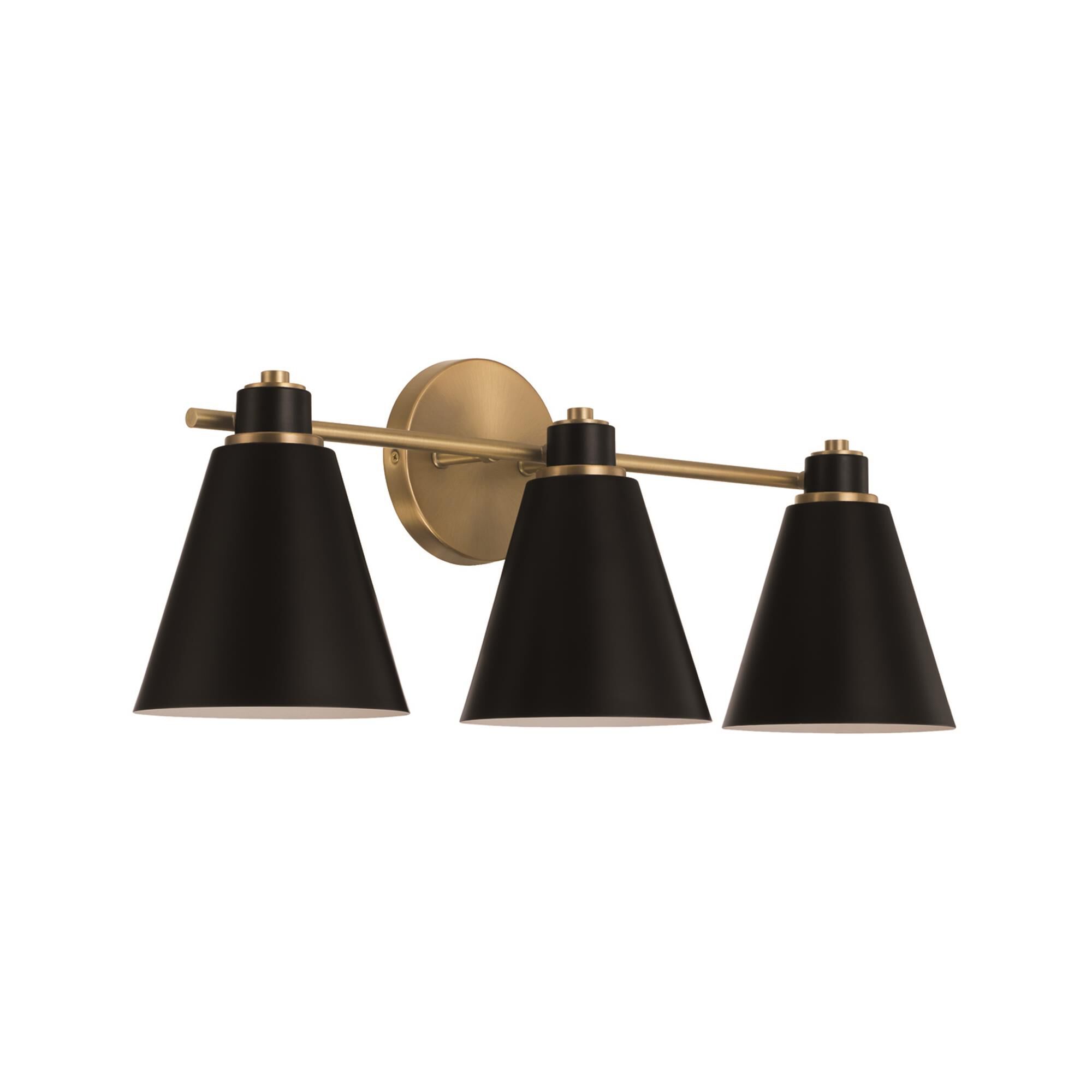 Shown in Aged Brass and Black finish and Black Metal  with White Interior shade