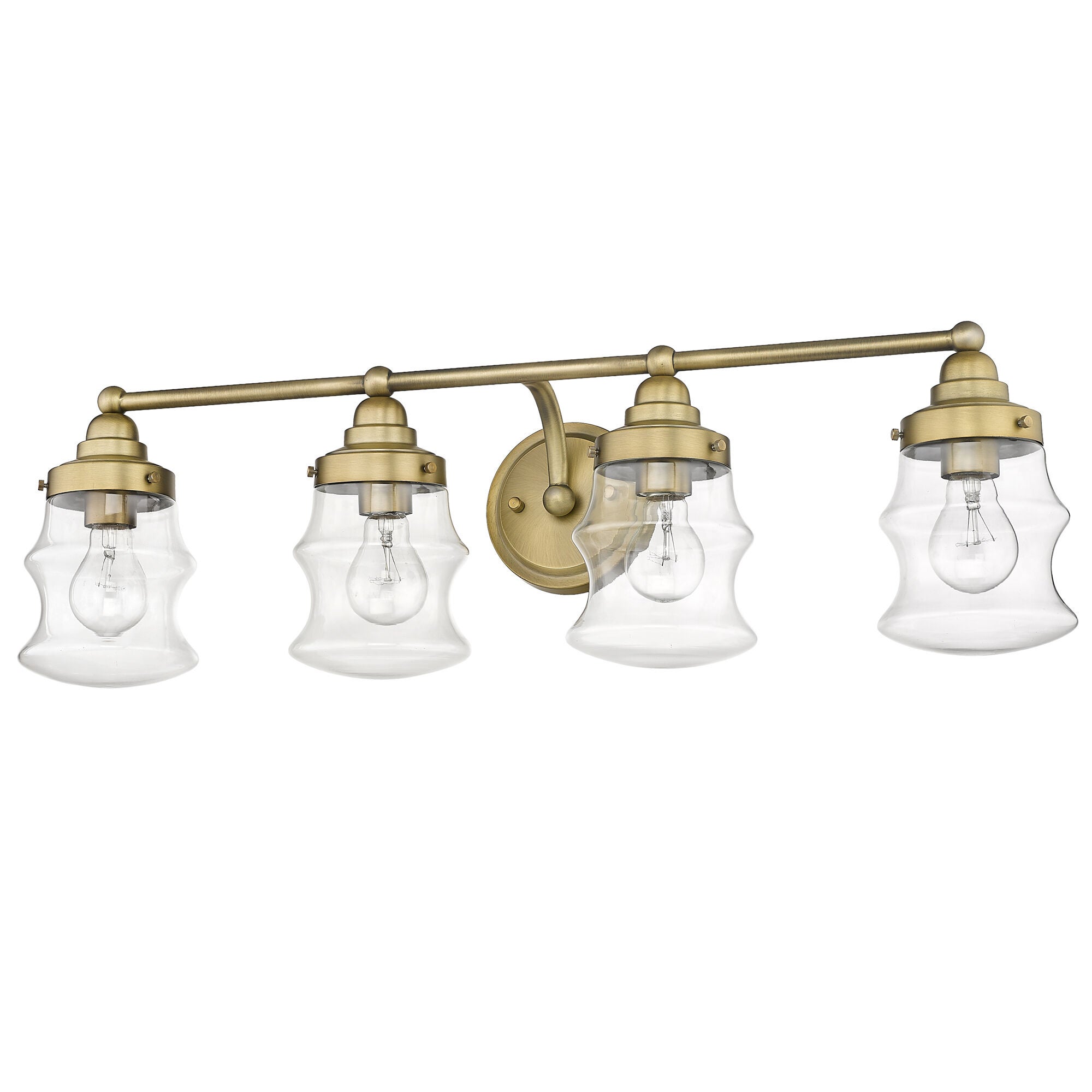 Shown in Antique Brass finish and Clear Glass shade