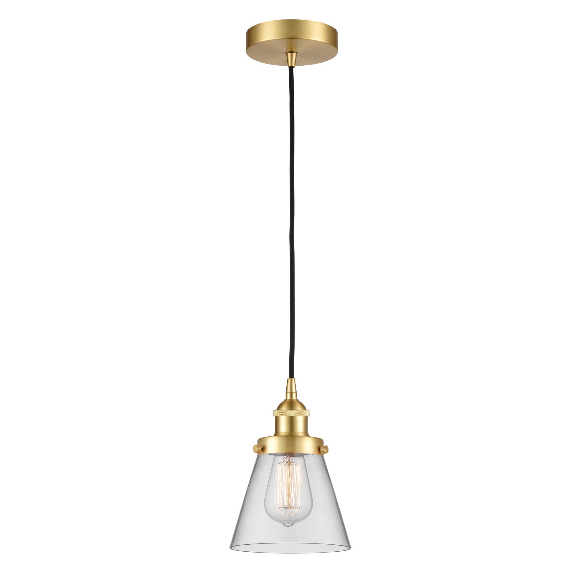 Shown in Satin Gold finish and Clear Small Cone glass