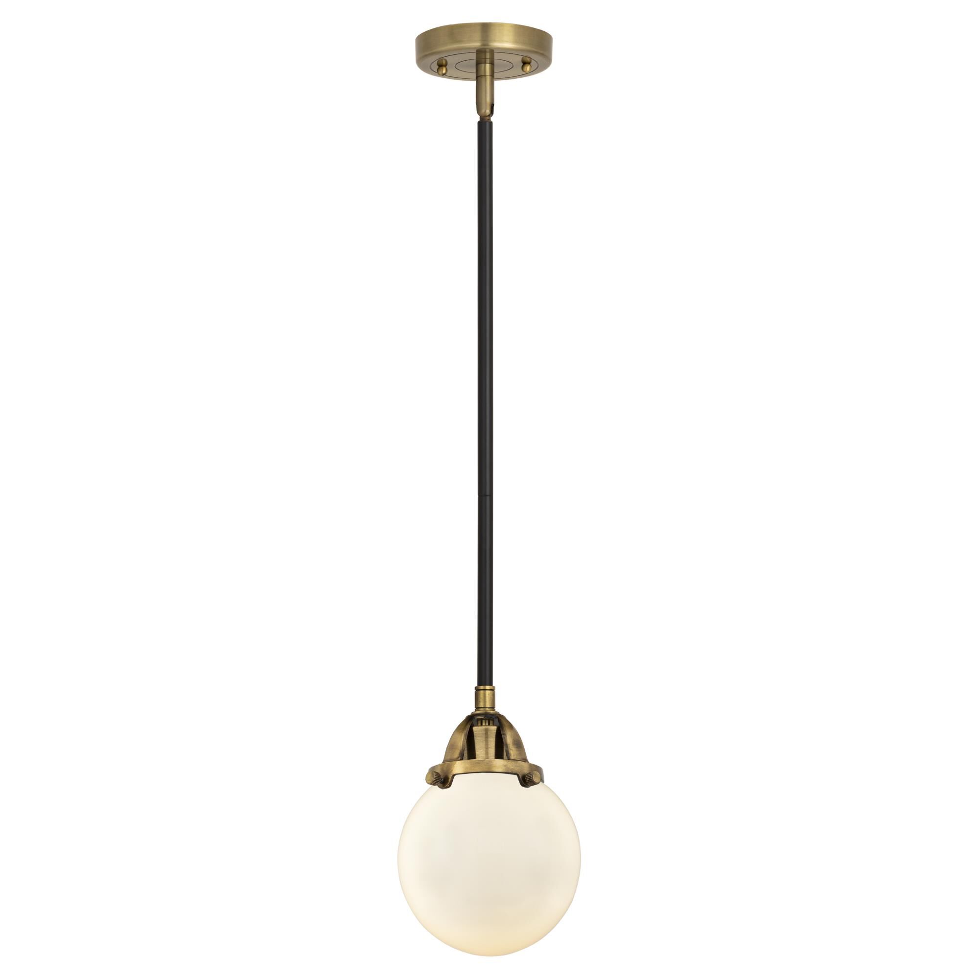 Shown in Black Antique Brass finish and Matte White Globe glass and No Shade shade