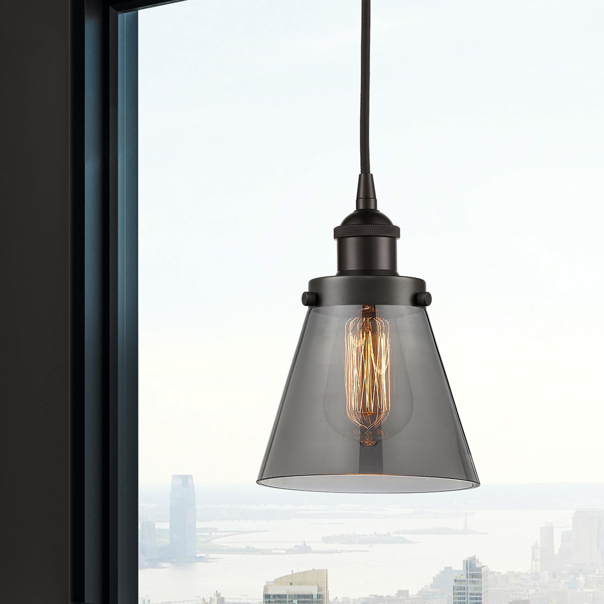 Shown in Oil Rubbed Bronze finish and Plated Smoke Small Cone glass