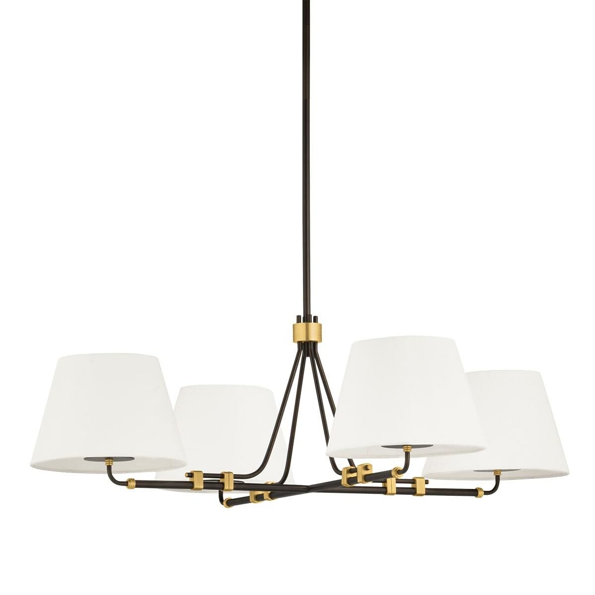 Shown in Aged Brass and Distressed Bronze finish and Natural Linen shade