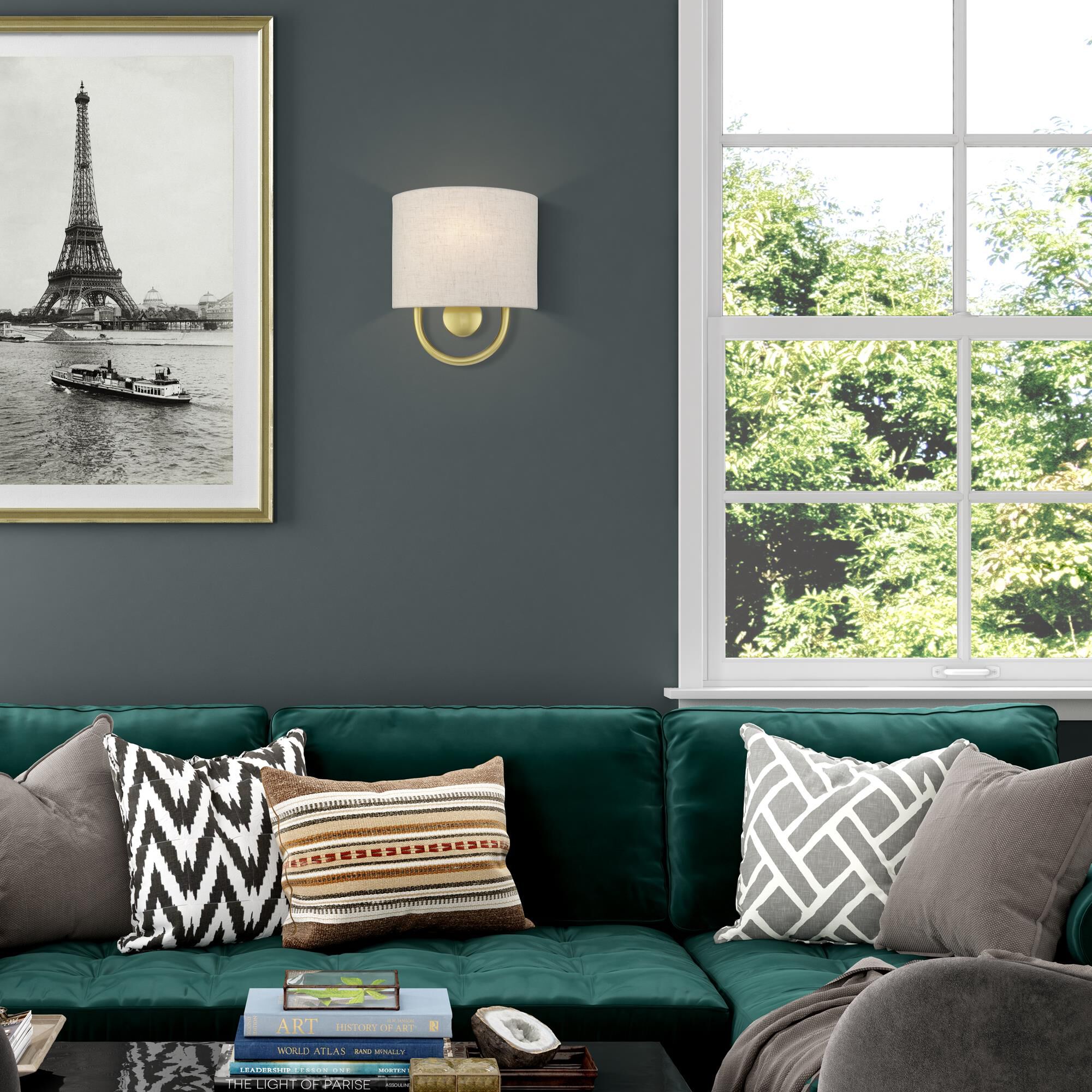 Shown in Soft Gold finish and Hand Crafted Oatmeal Color Fabric Hardback with White Fabric Inside shade