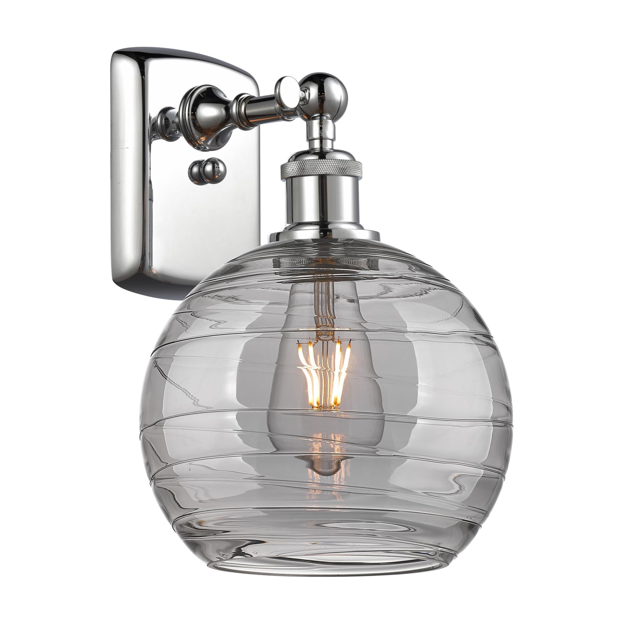 Shown in Polished Chrome finish and Light Smoke Deco Swirl glass
