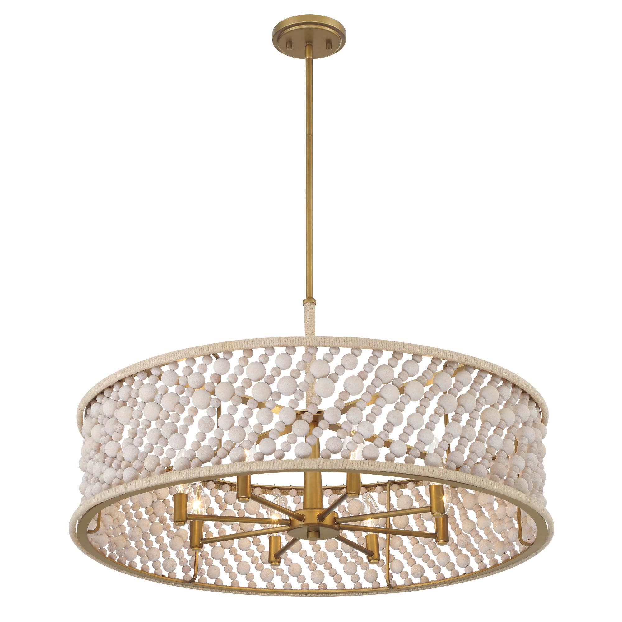 Shown in Legacy Brass (Painted) finish and Bleached glass and Wooden Beads W/Hemp Rope shade