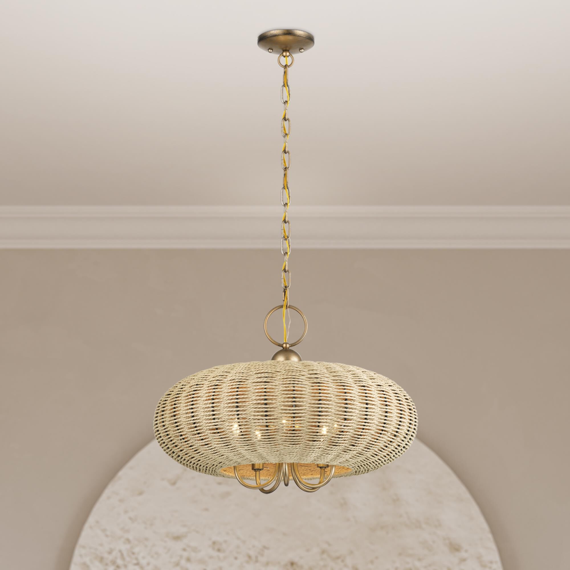 Shown in Antique Gold Leaf finish and Hand-Woven French Beige Paper Rope shade