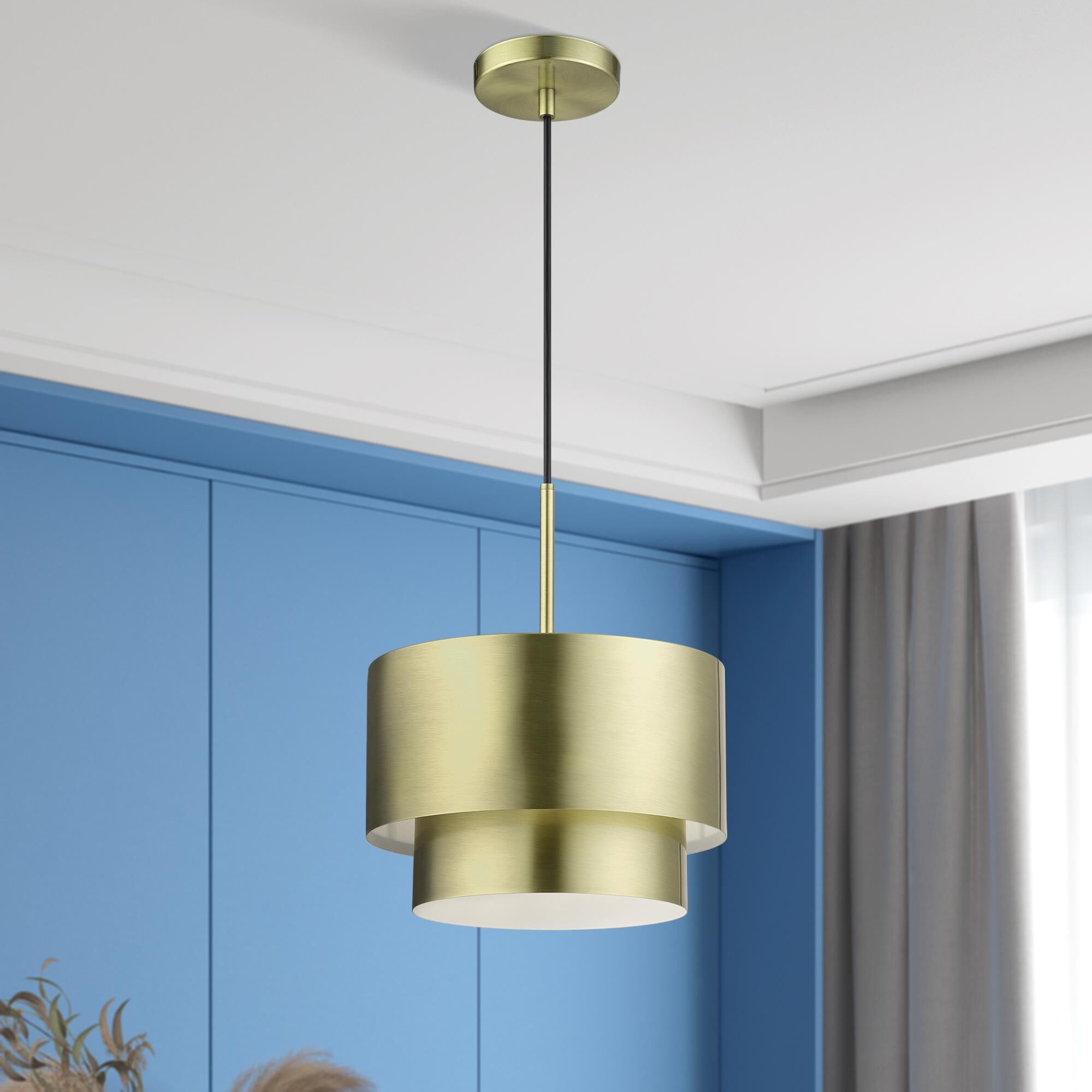 Shown in Antique Brass finish and Antique Brass Steel with Shiny White Inside shade