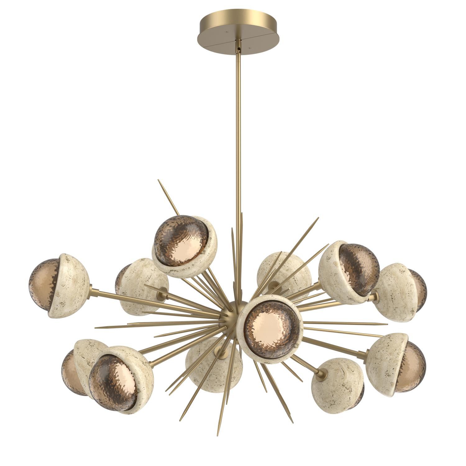 Shown in Gilded Brass finish and Bronze glass and Travertine Stone accent