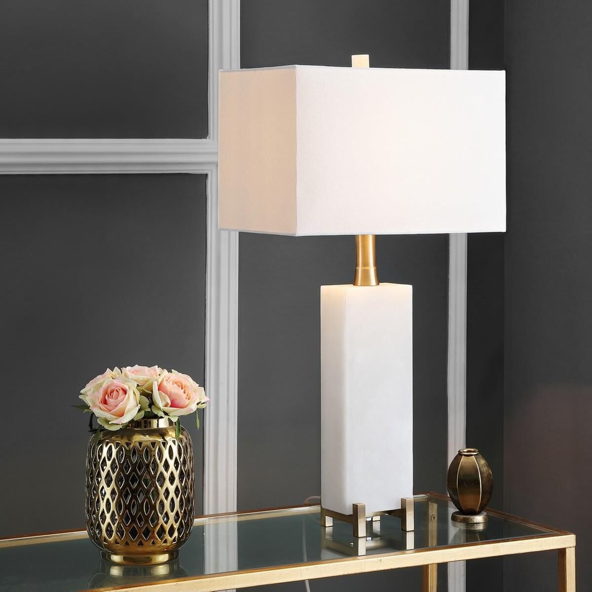 Shown in White and Brass Gold finish and Off White Cotton shade