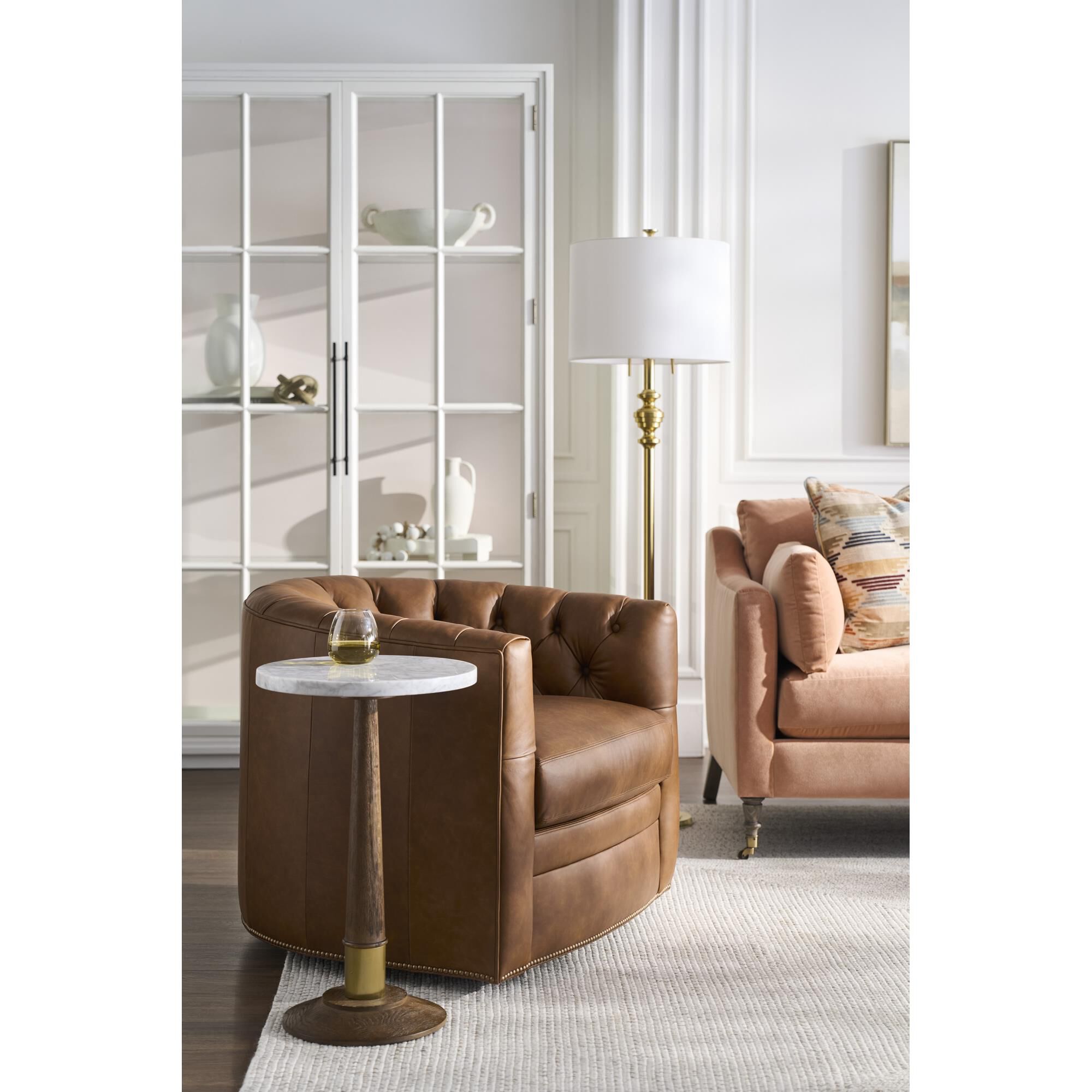 Shown in Modern Brass finish and Pearl shade