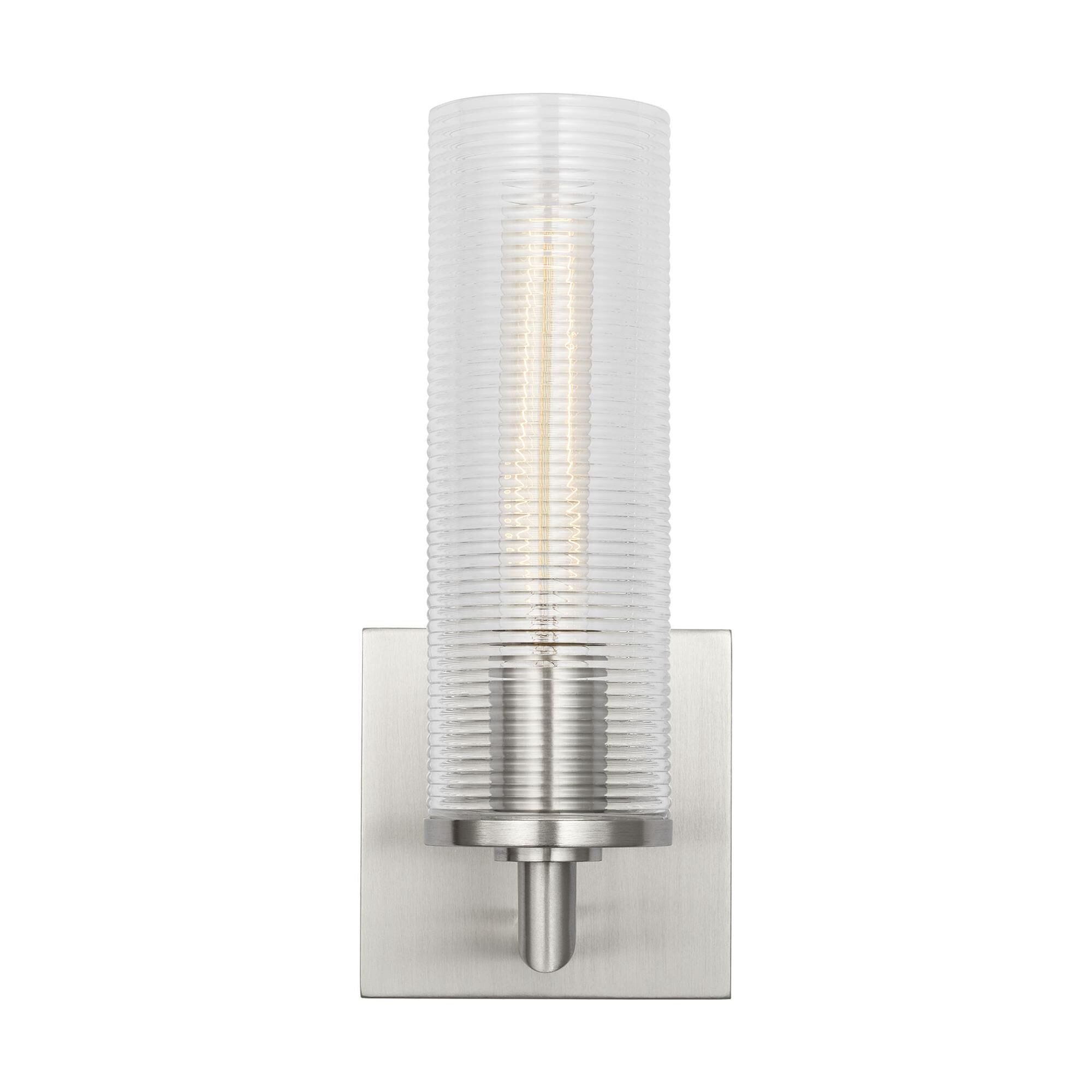 Shown in Brushed Nickel finish and Clear Ribbed glass