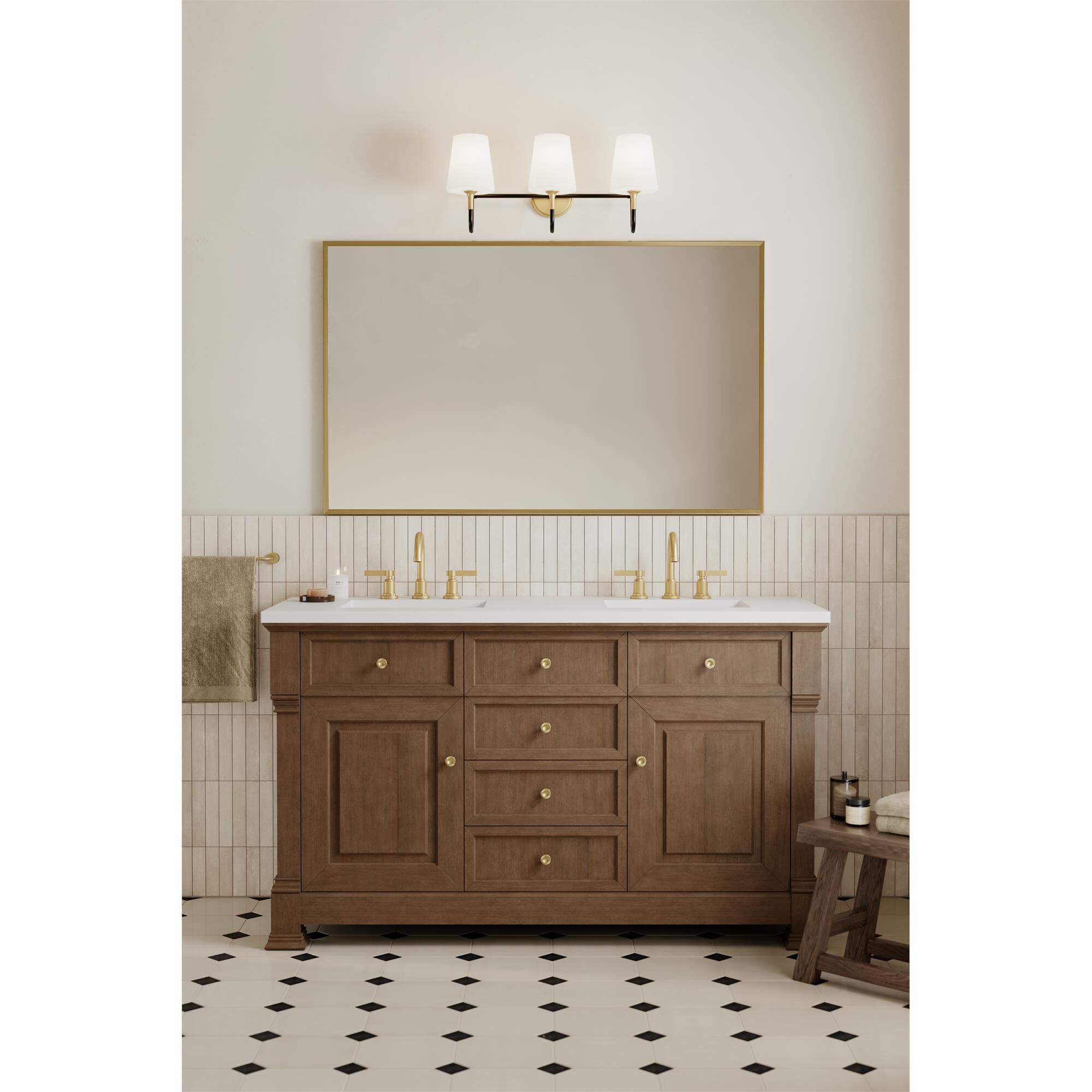 Shown in Legacy Brass finish and Etched White glass