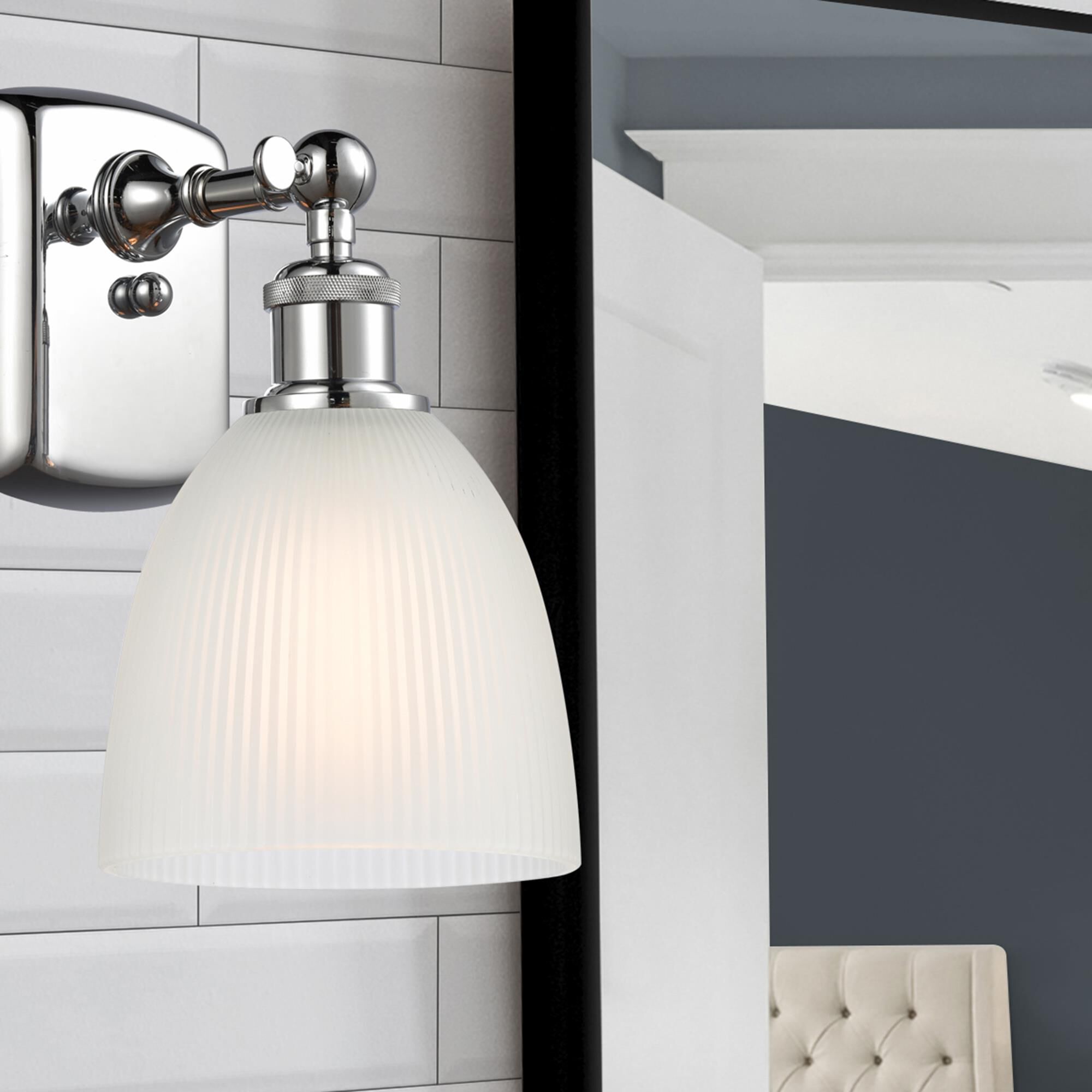 Shown in Polished Chrome finish and White Castile glass and Polished Chrome accent