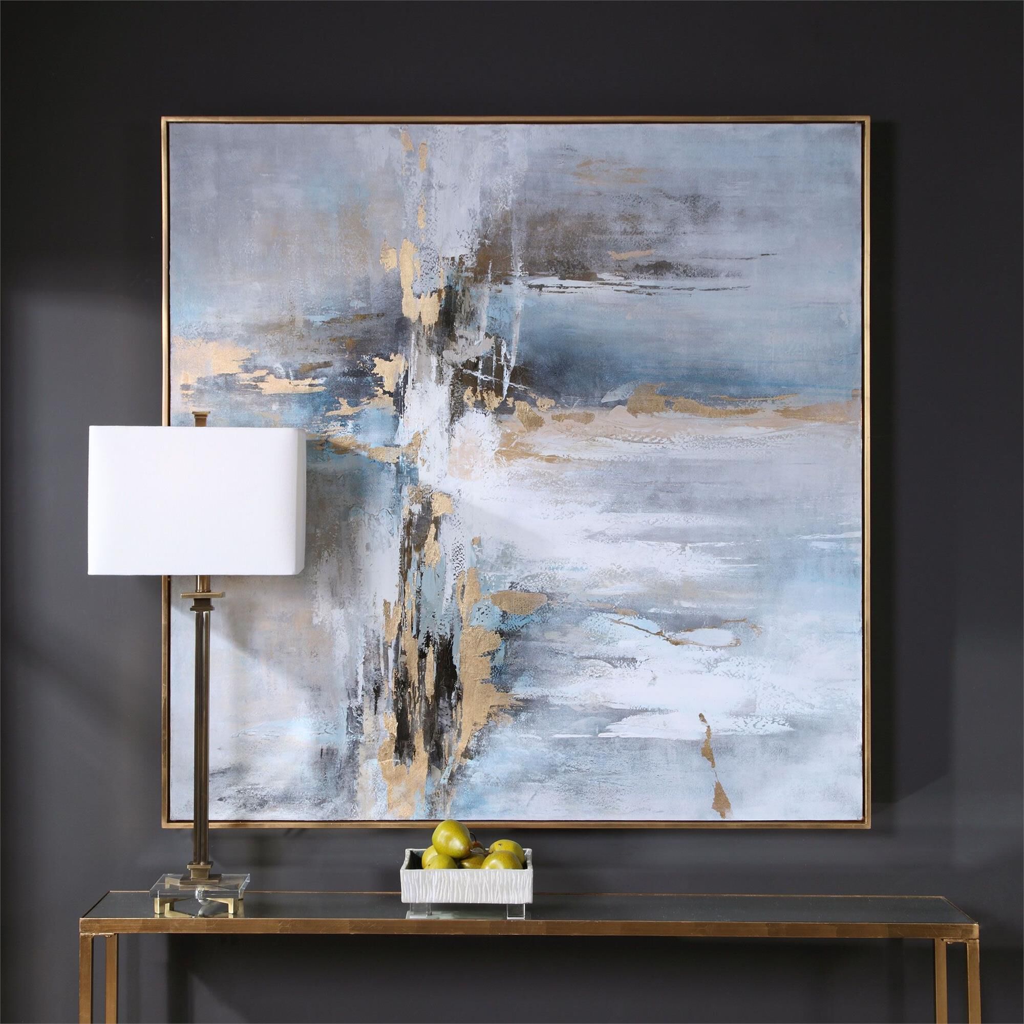 Shown in Antique Gold Leaf Gallery Frame, Hand Painted, Abstract, Light Gray, Charcoal, Gold Leaf, White finish