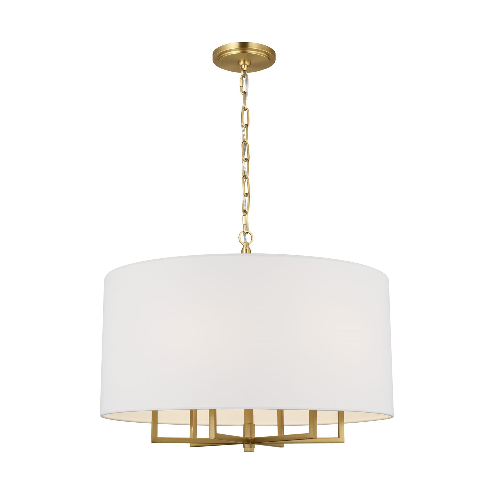 Shown in Burnished Brass finish and White Linen shade