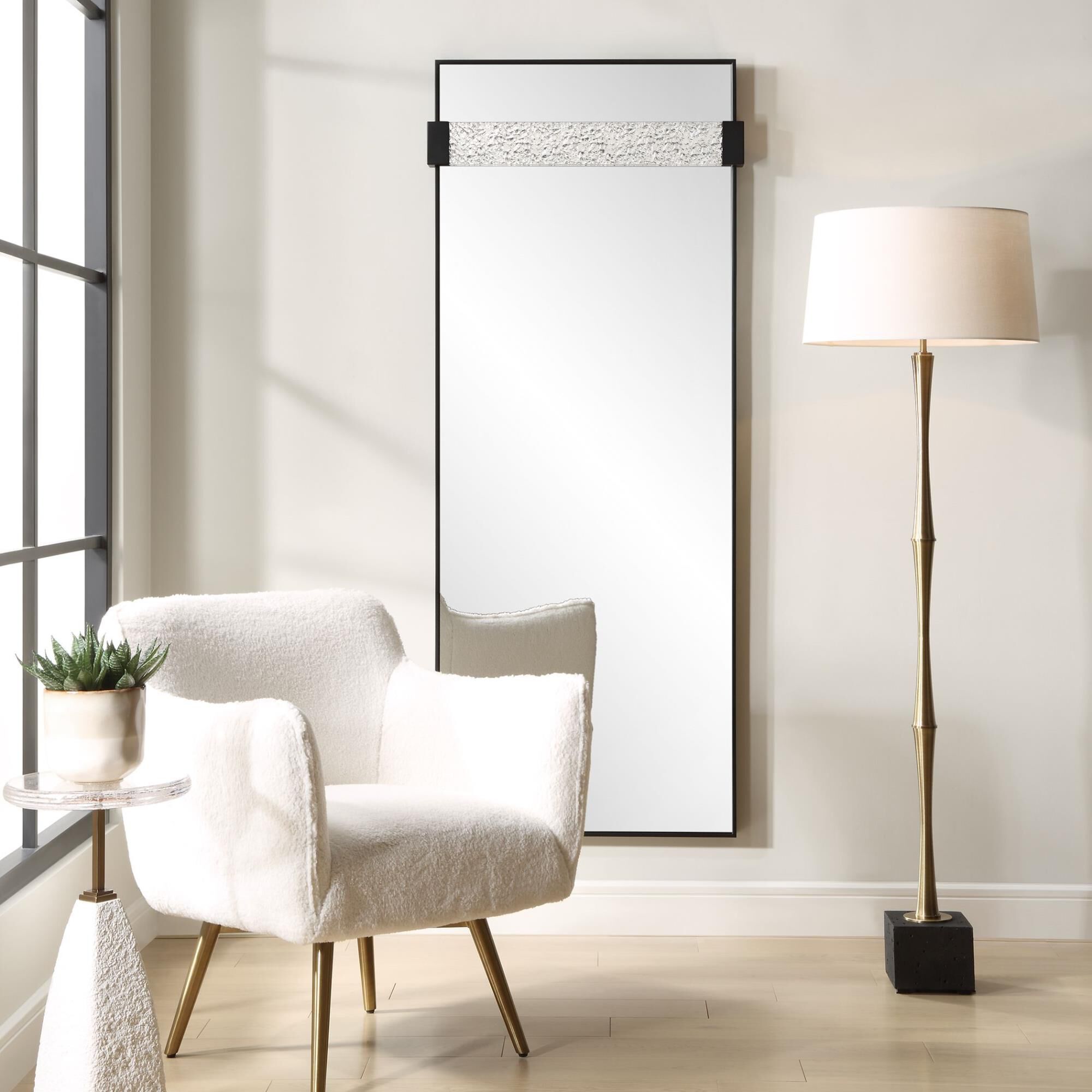 Shown in The Stratton Mirror Is Constructed In A Linear Satin Black Iron Frame, Featuring A Suspended Acrylic finish
