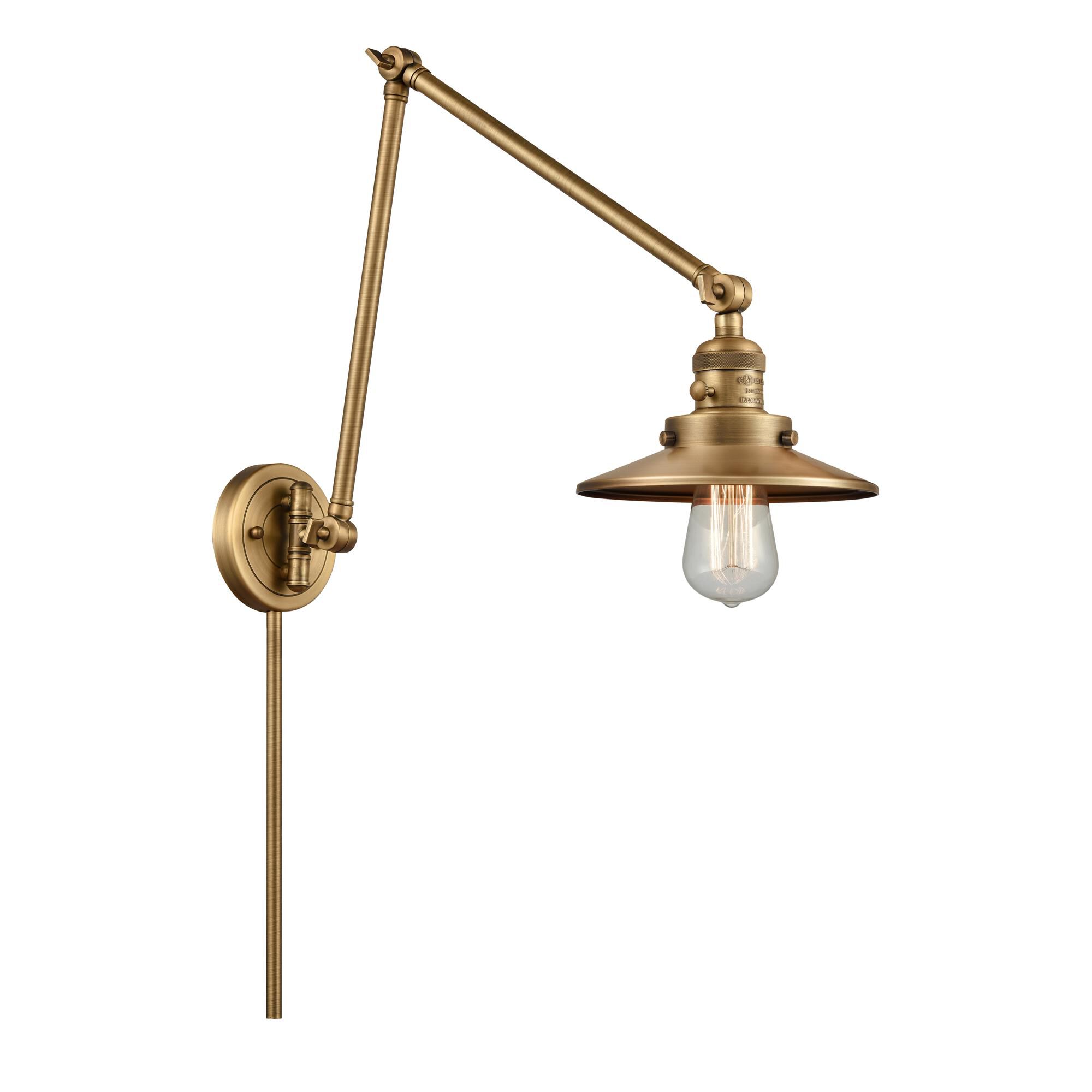Shown in Brushed Brass finish and Brushed Brass Railroad shade