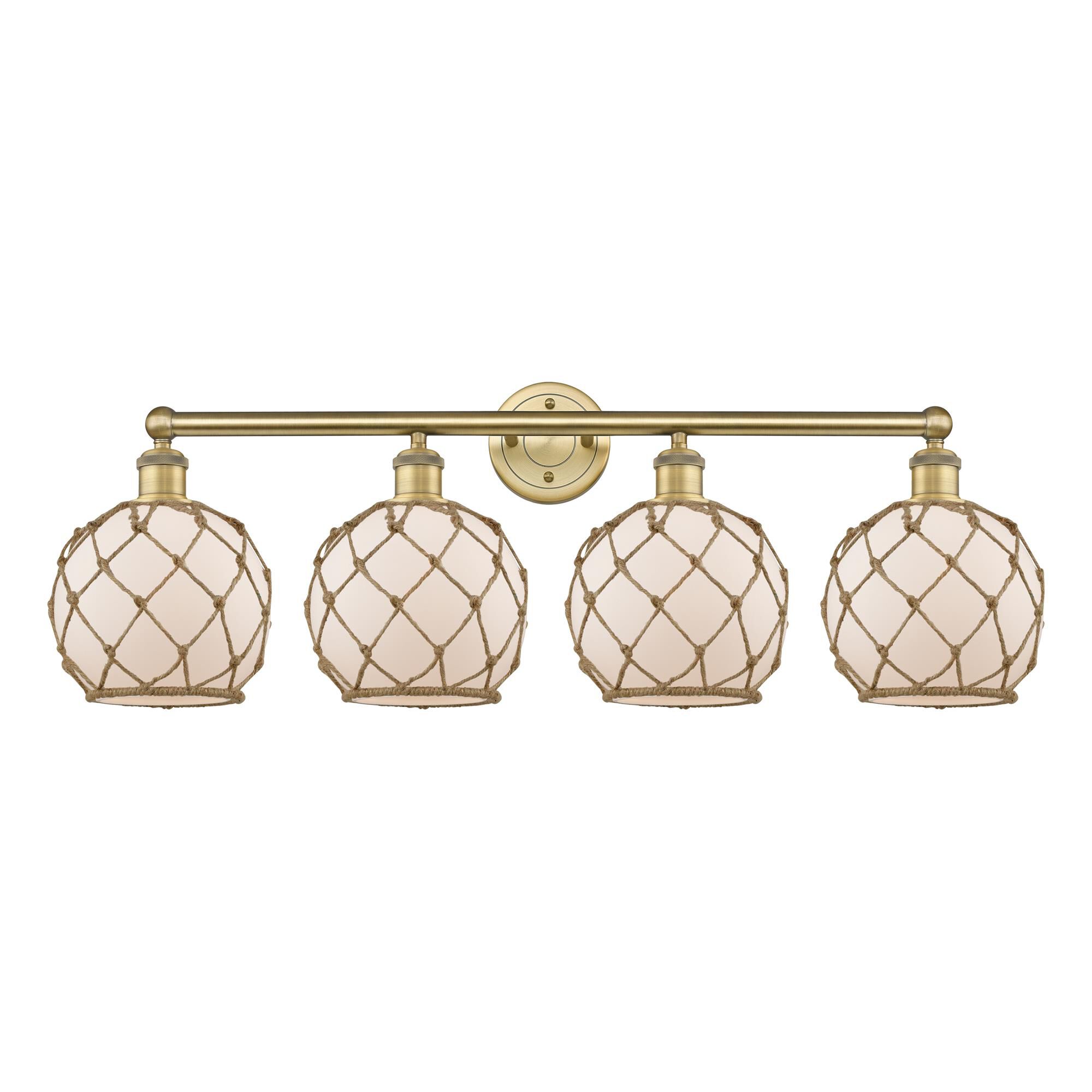 Shown in Brushed Brass finish and White with Brown Rope glass