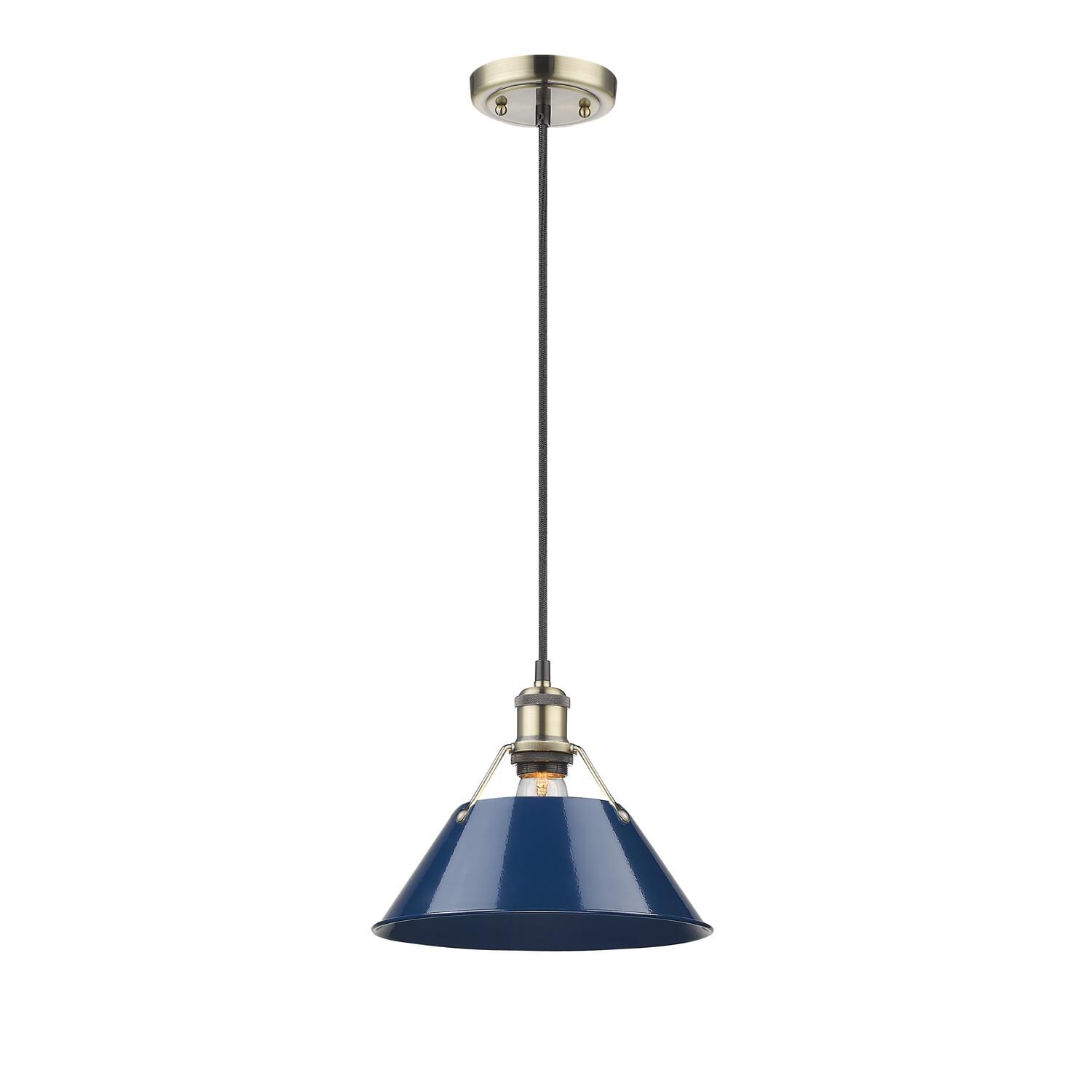 Shown in Aged Brass finish and Navy Blue shade