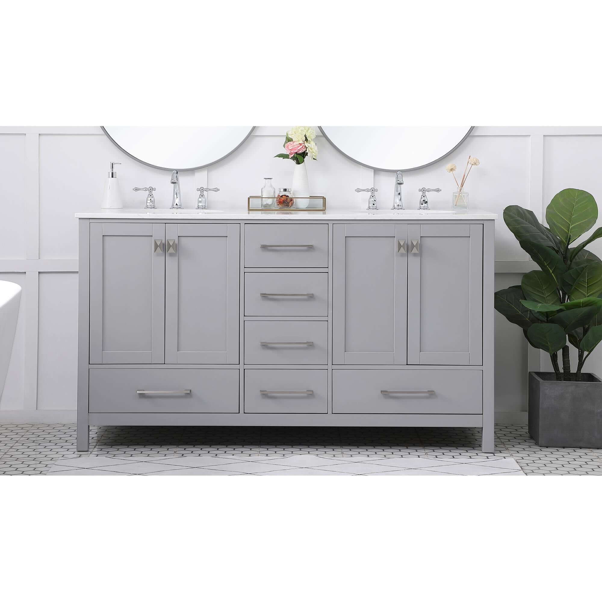 Shown in Gray And Brushed Nickel With Calacatta Quartz finish