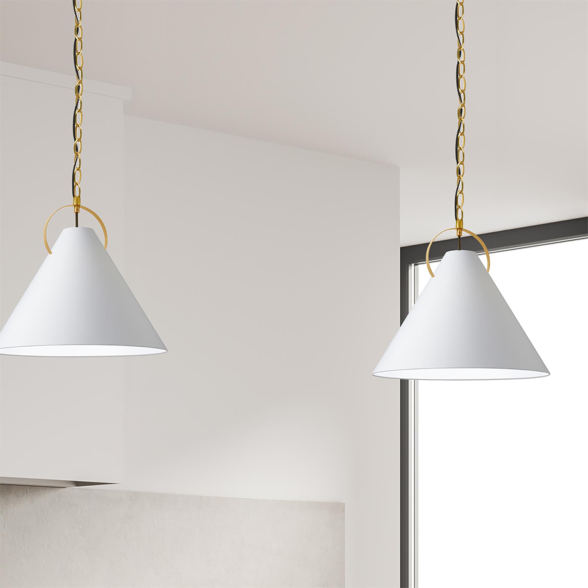 Shown in White and Gold finish and White Fabric Tapered Drum shade
