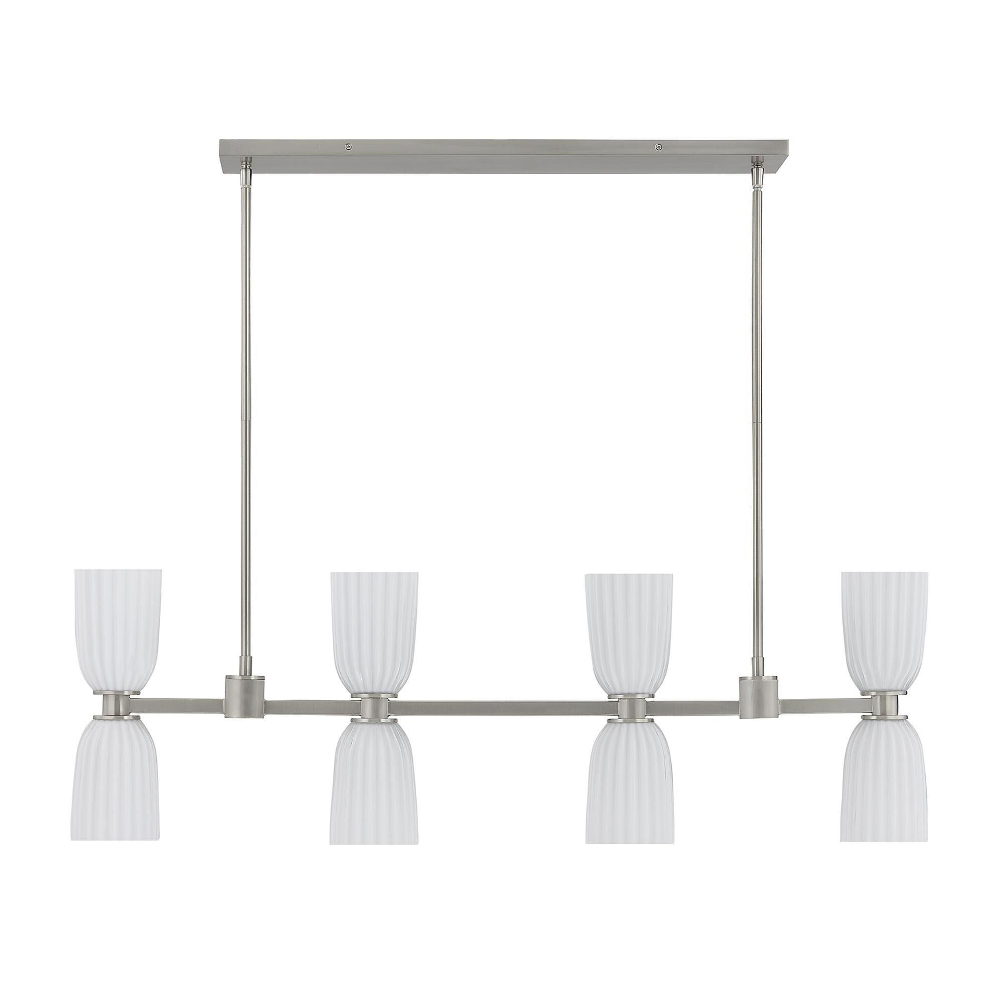 Shown in Satin Nickel finish and White Opal Ribbed glass